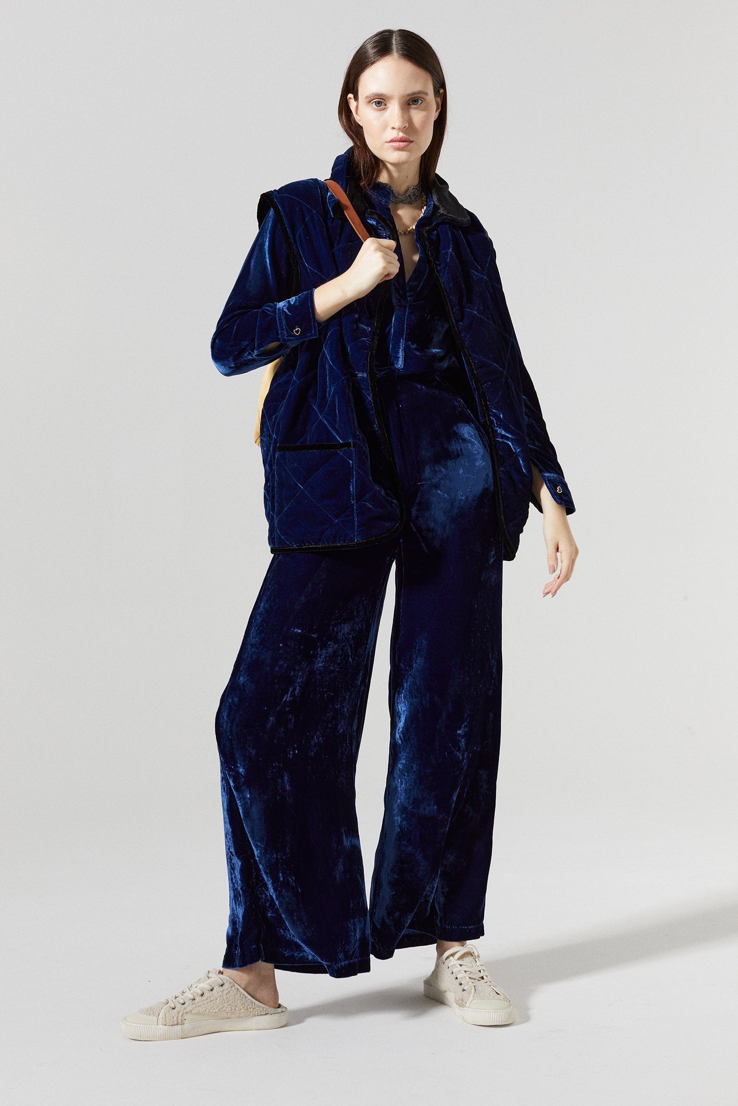 New Luna Silk Velvet Pants - Navy Blue