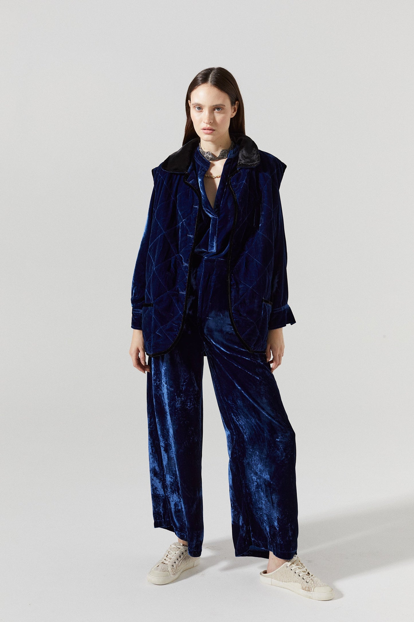 New Luna Silk Velvet Pants - Navy Blue