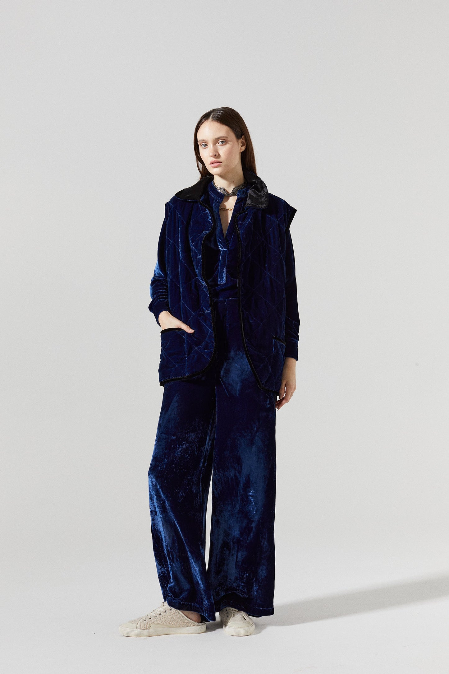 New Luna Silk Velvet Pants - Navy Blue