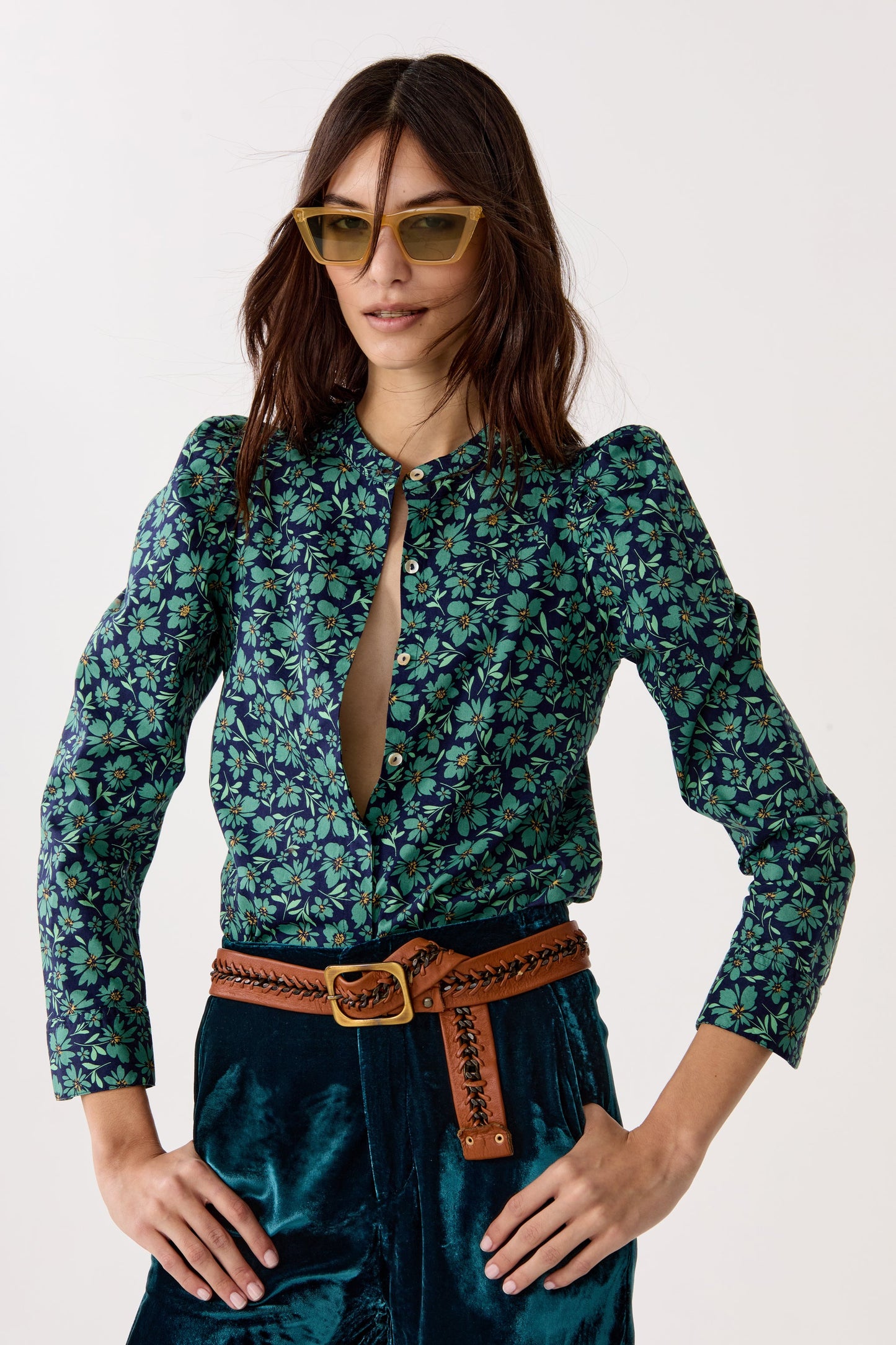 Lilium Poplin Shirt - Green and Blue Ditsy Floral