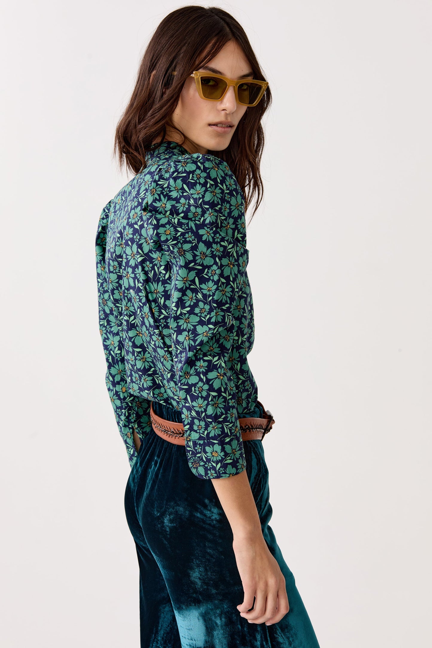 Lilium Poplin Shirt - Green and Blue Ditsy Floral