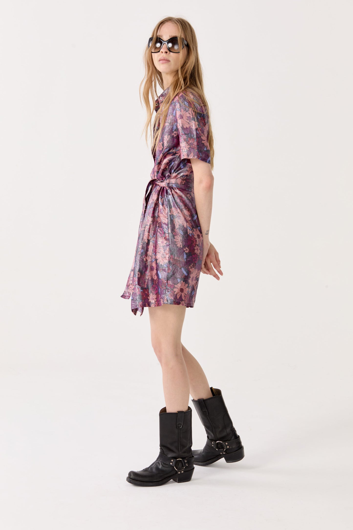 Franca Metallic Linen Dress - Gerbera Print