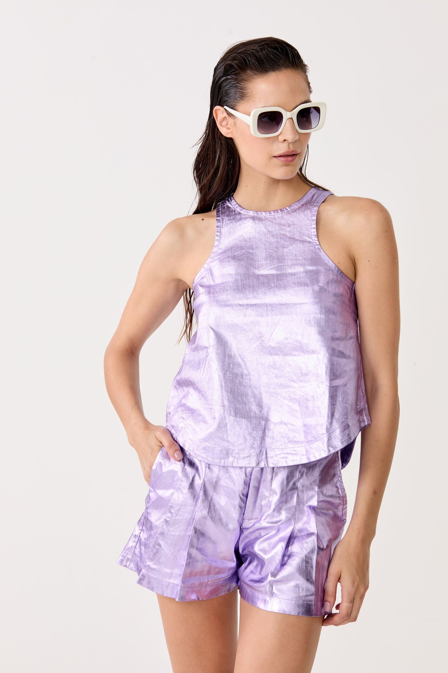 Loto Metallic Linen Top - Violet