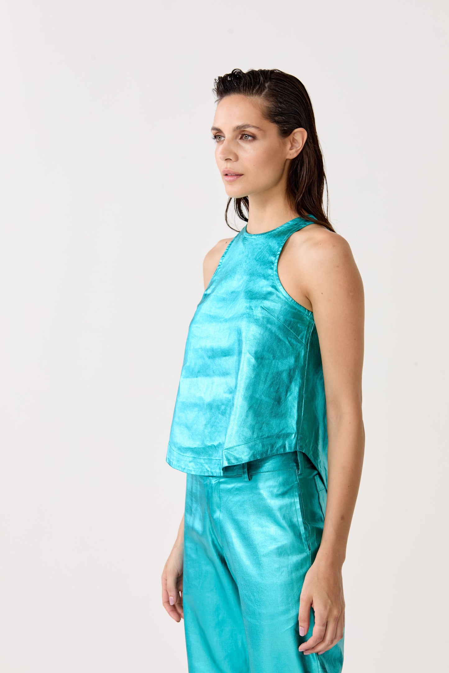 Loto Metallic Linen Top - Turquoise
