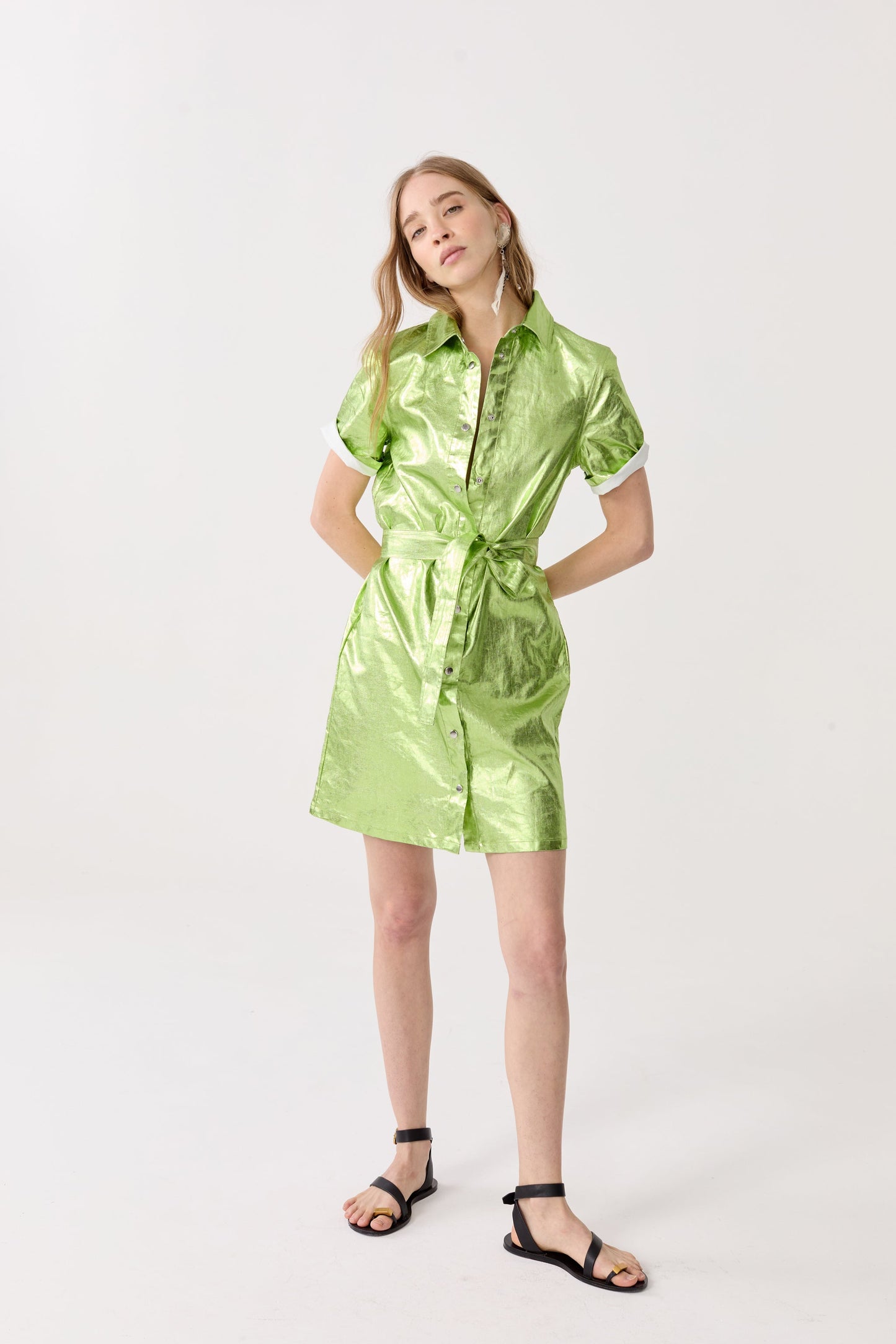 Franca Metallic Linen Dress - Lime