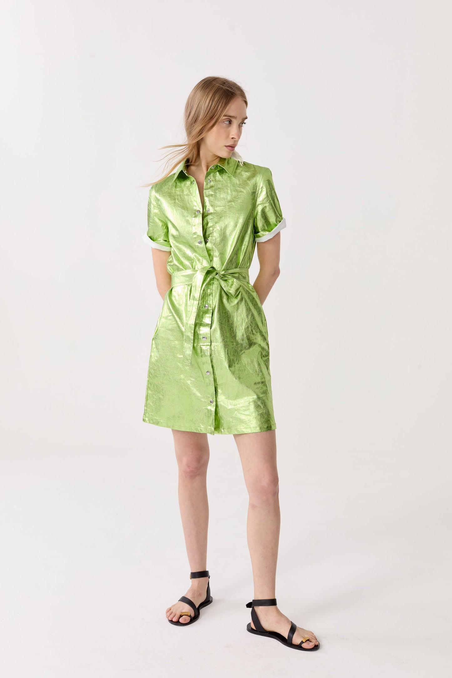 Franca Metallic Linen Dress - Lime