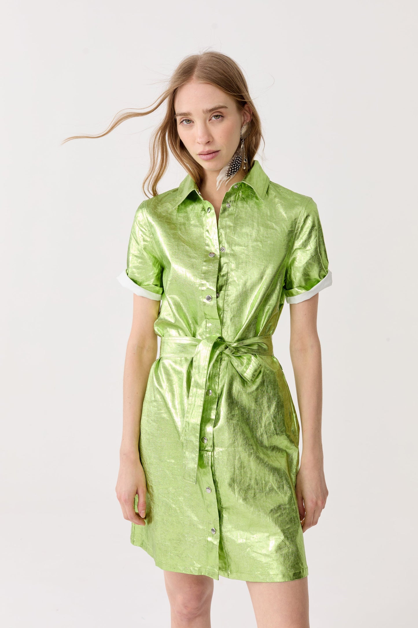 Franca Metallic Linen Dress - Lime