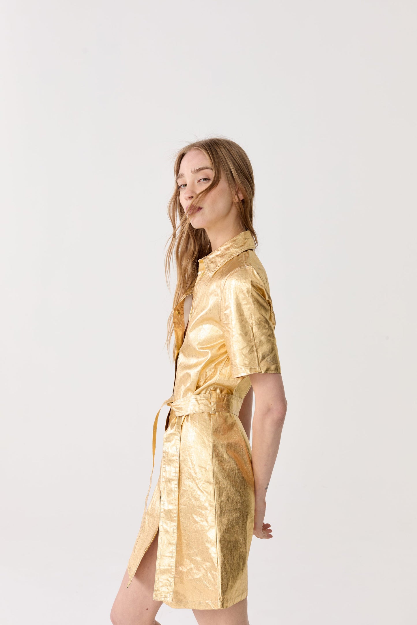 Franca Metallic Linen Dress - Gold