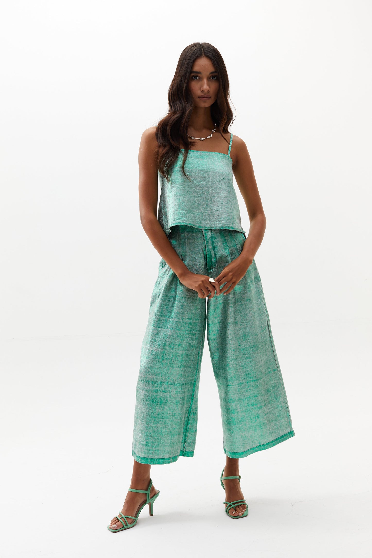 Mar Metallic Linen Top - Emerald Green