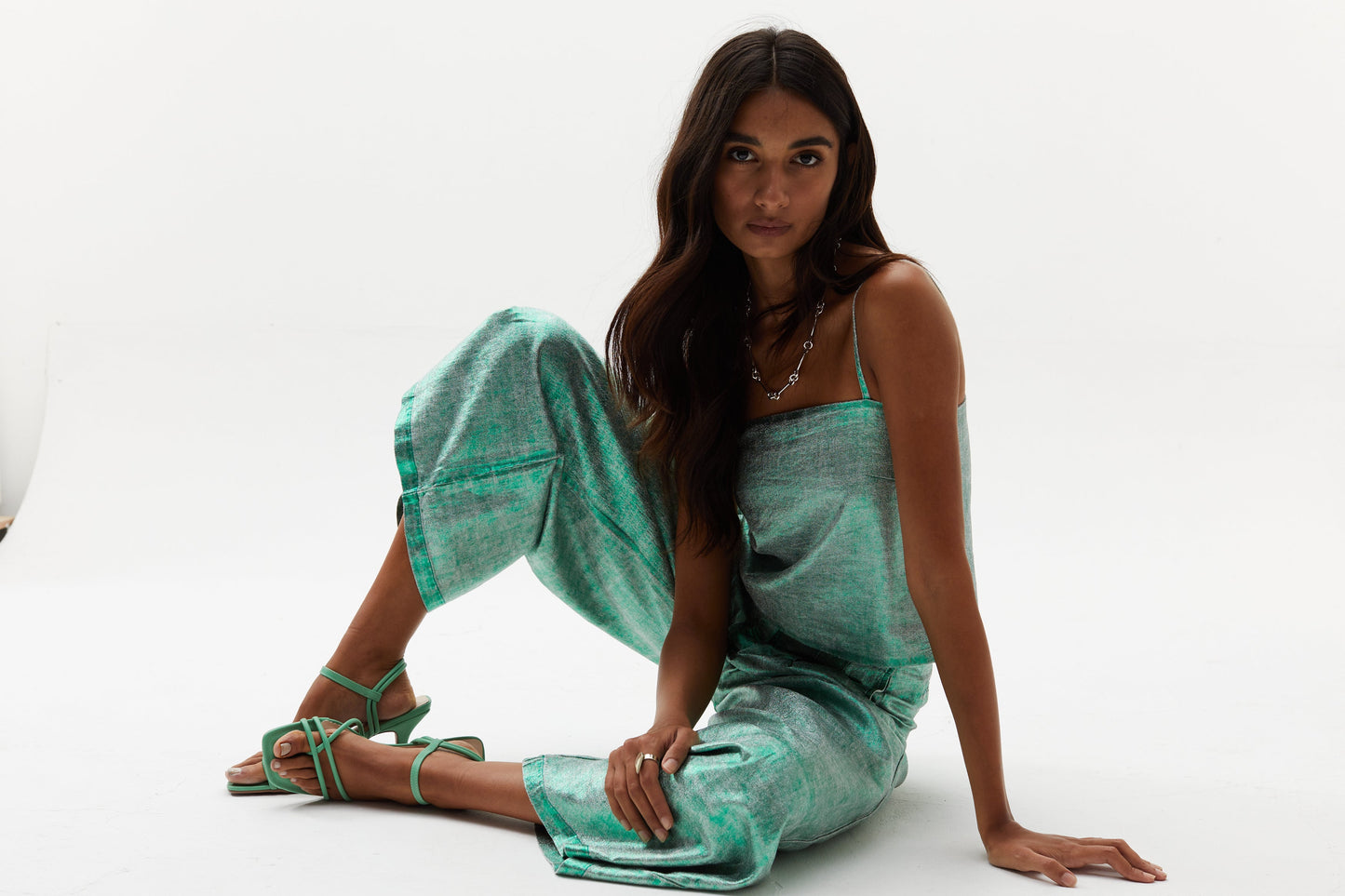 Mar Metallic Linen Top - Emerald Green