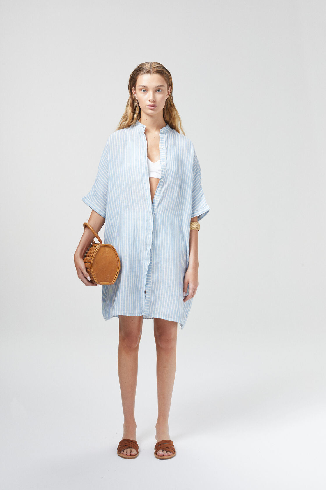 Lighthouse Linen Shirt Dress - Light Blue / White Stripes