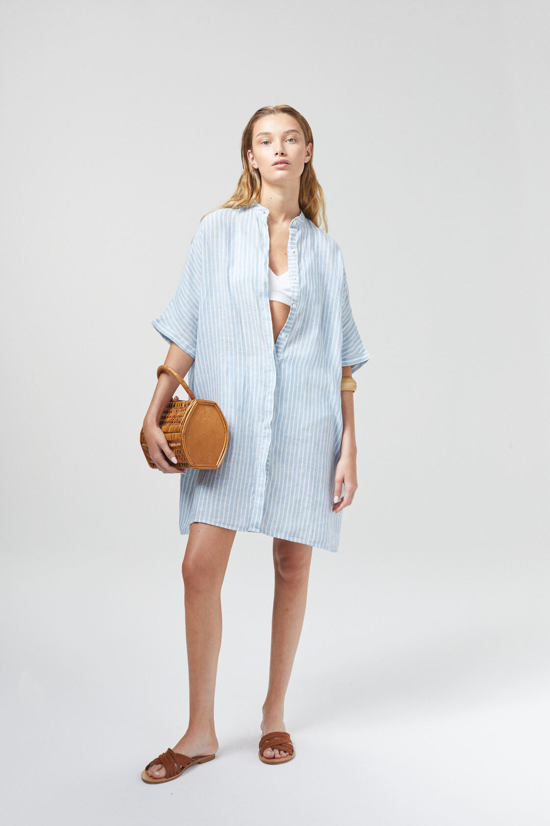 Lighthouse Linen Shirt Dress - Light Blue / White Stripes