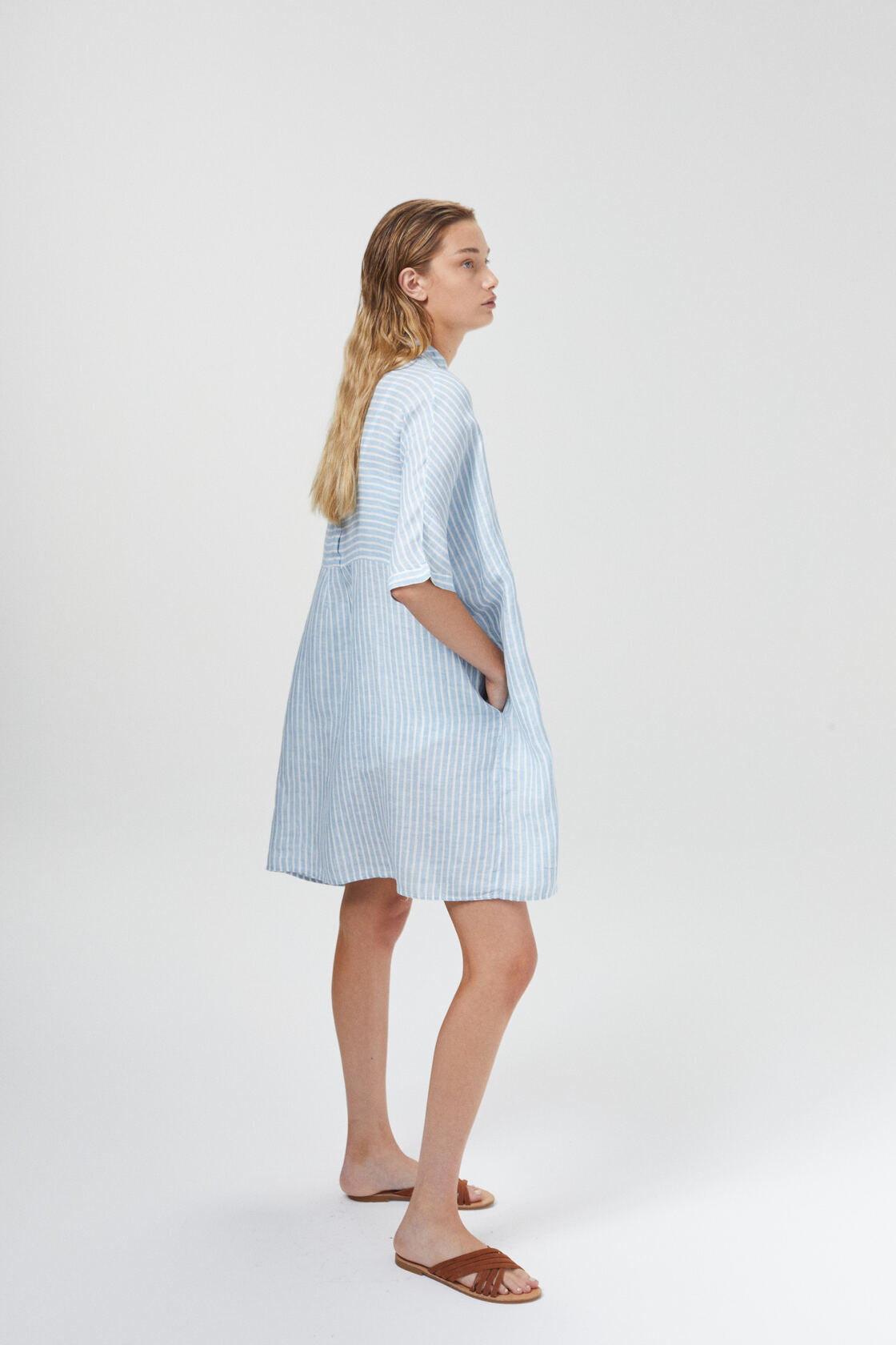 Lighthouse Linen Shirt Dress - Light Blue / White Stripes