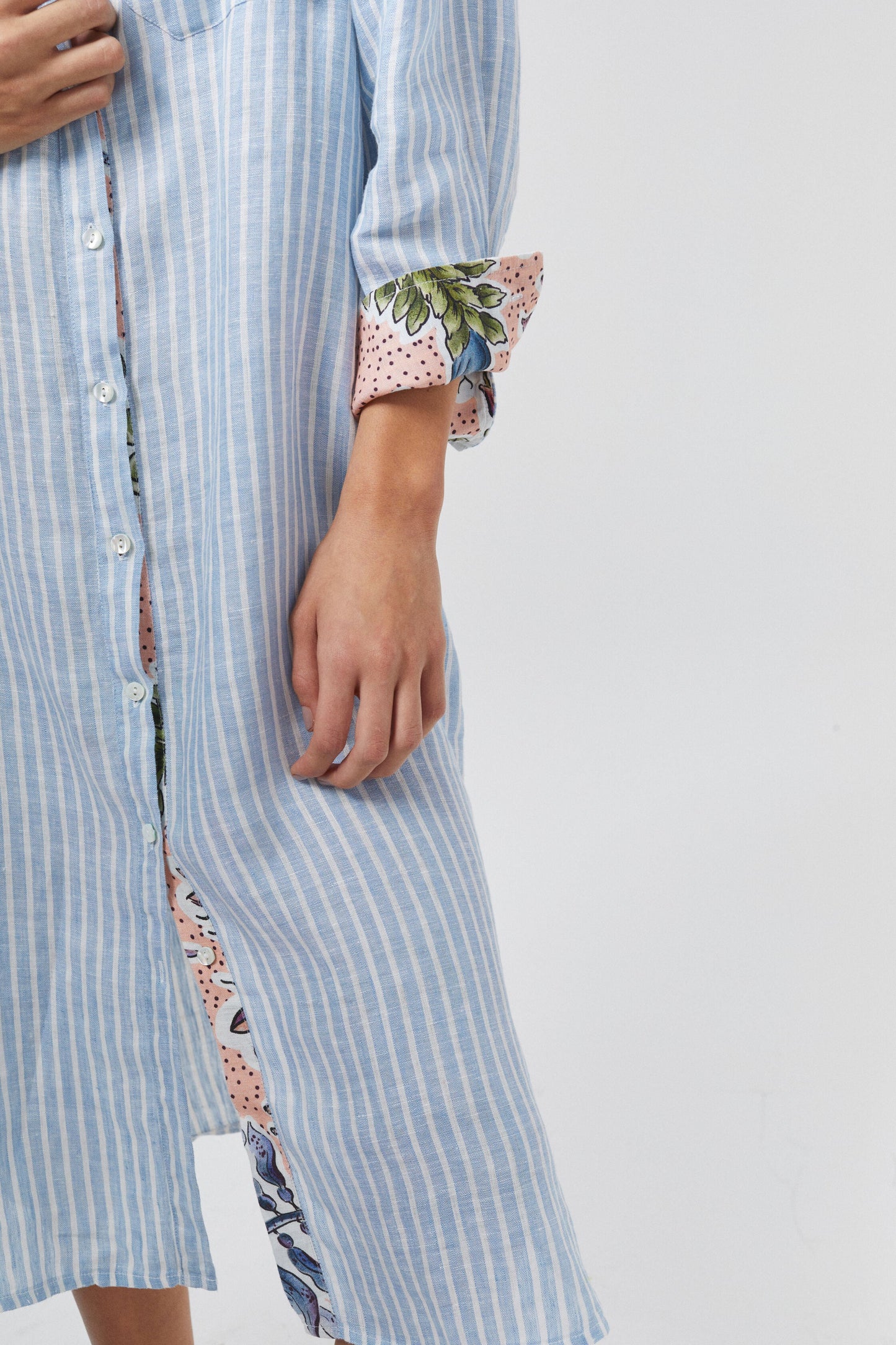 Island Linen Midi Dress - Light Blue and White Stripes with Contrasting Details