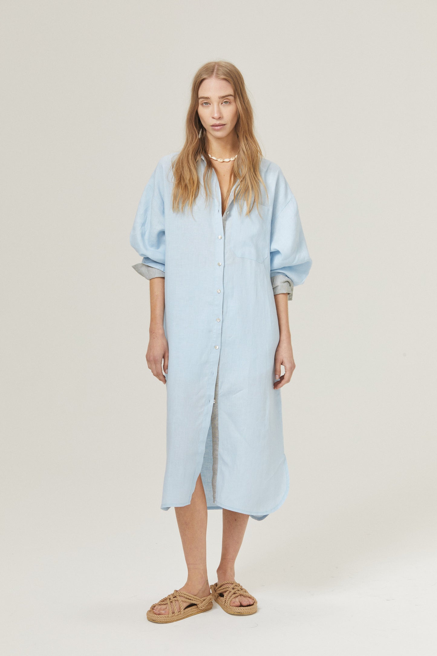 Flora Linen Dress - Sky Blue with Contrasting Details