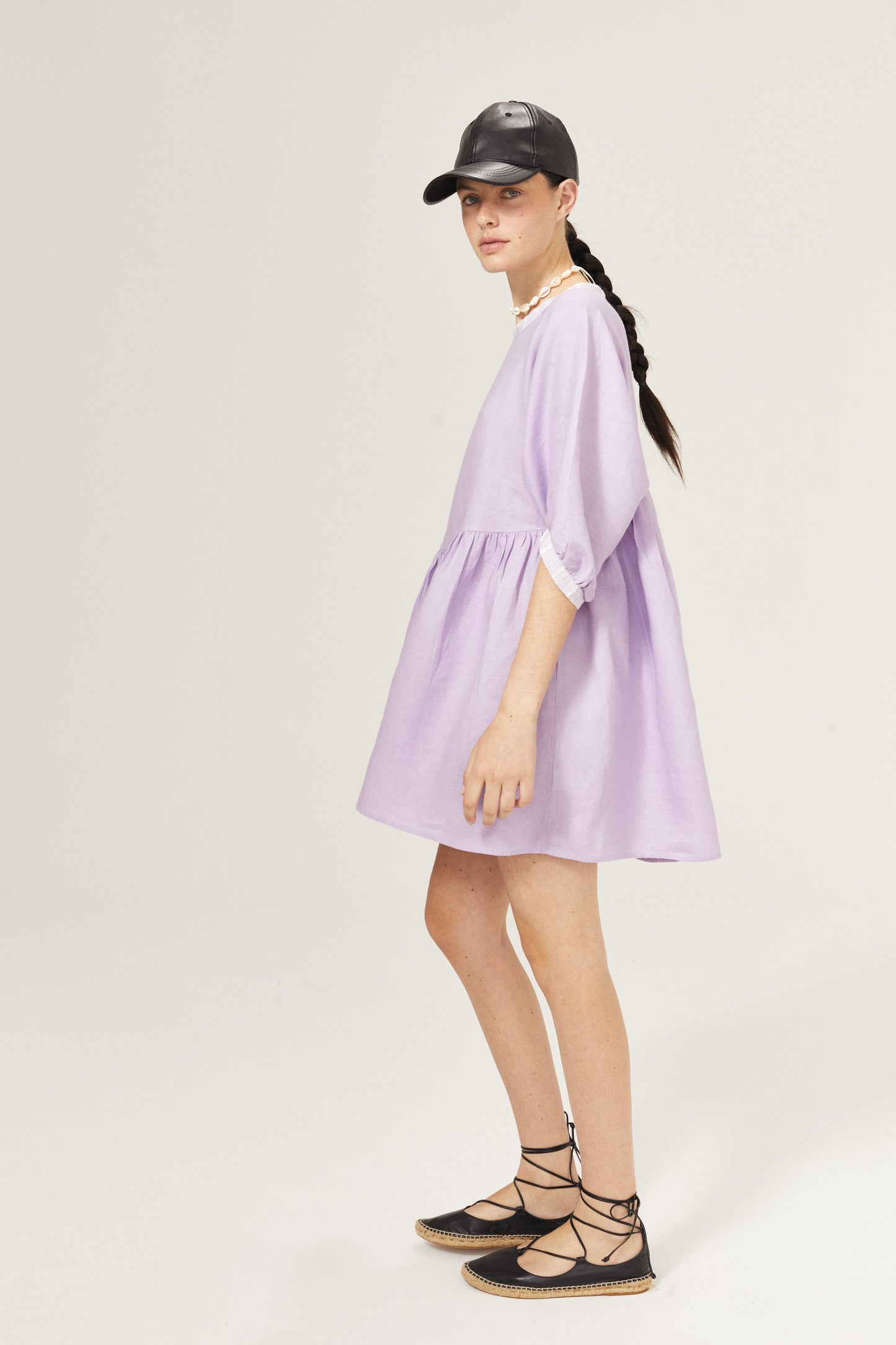 Alcala Linen Dress - Bright Lilac with Contrasting Details