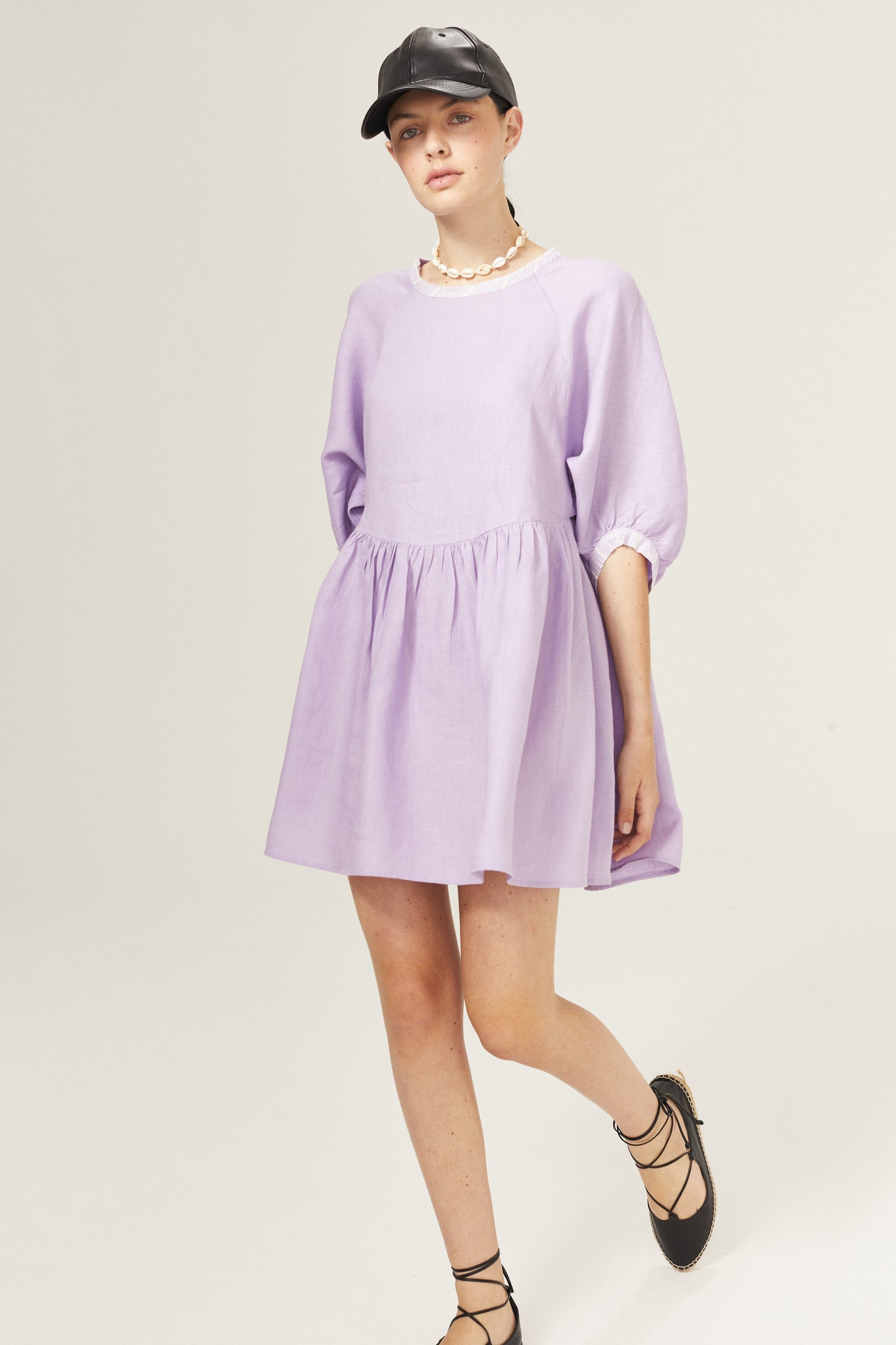 Alcala Linen Dress - Bright Lilac with Contrasting Details
