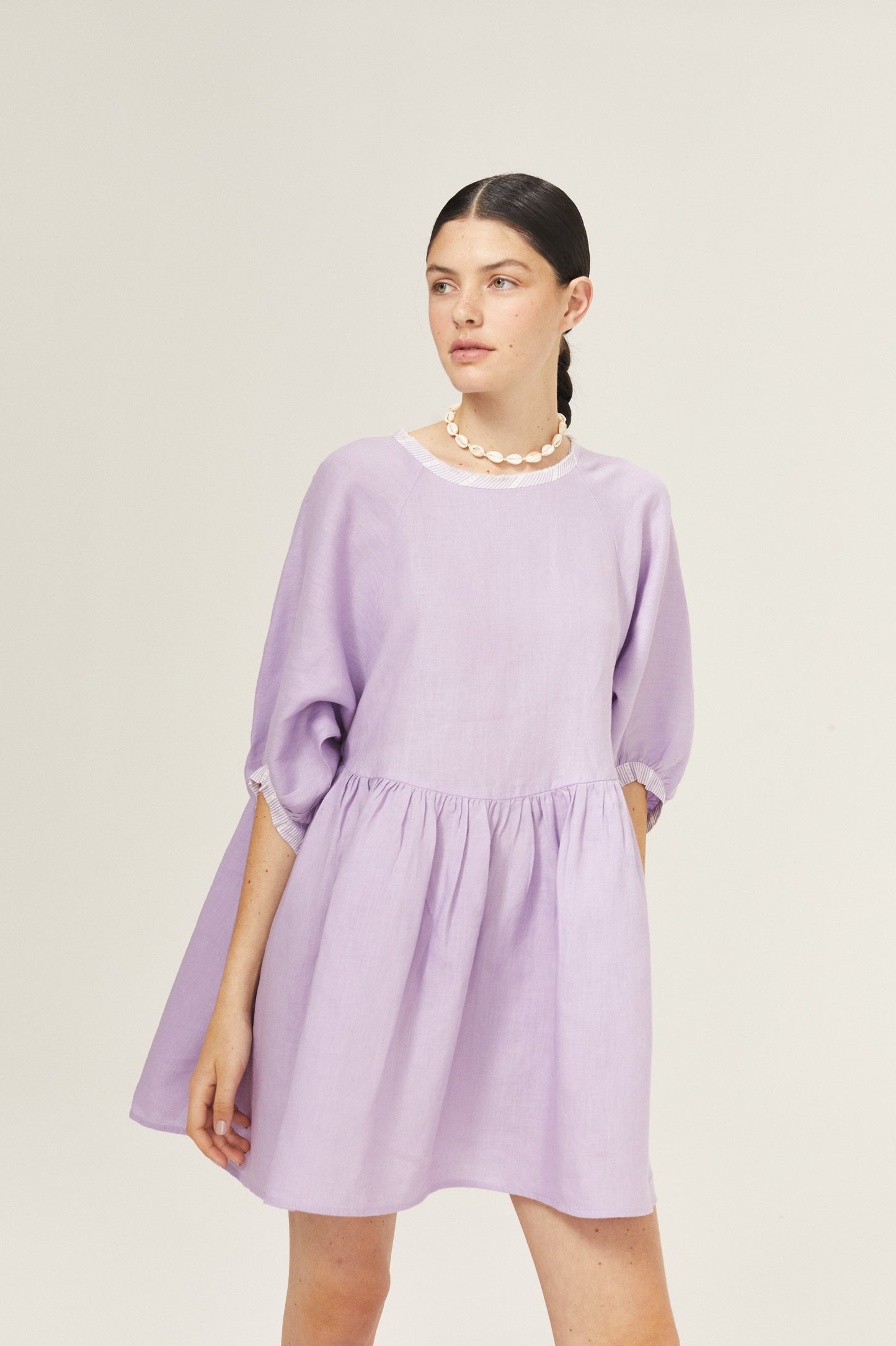 Alcala Linen Dress - Bright Lilac with Contrasting Details