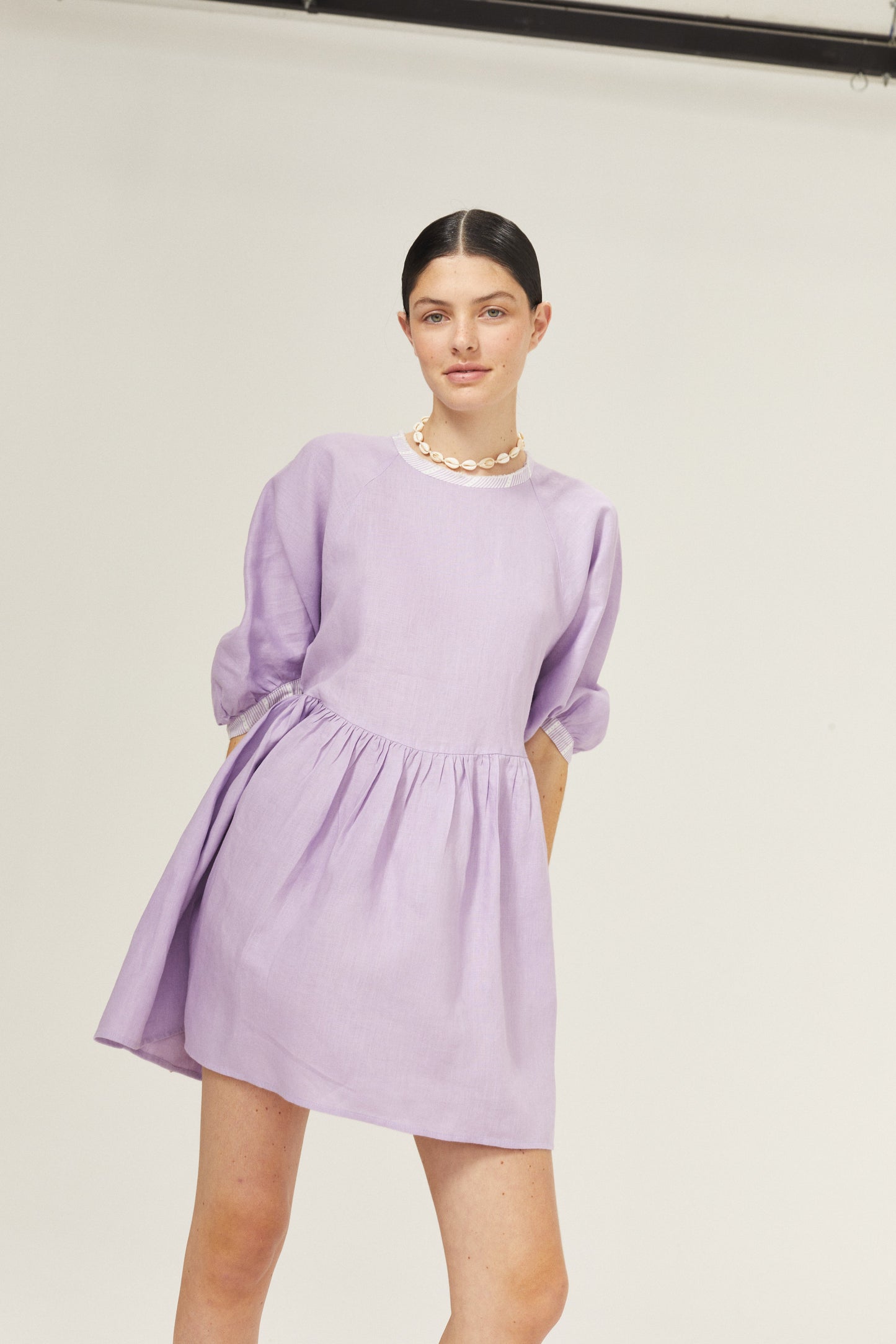 Alcala Linen Dress - Bright Lilac with Contrasting Details