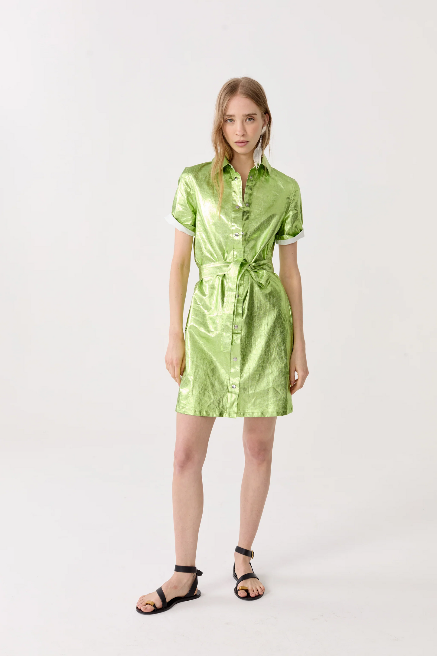 Franca Metallic Linen Dress - Lime