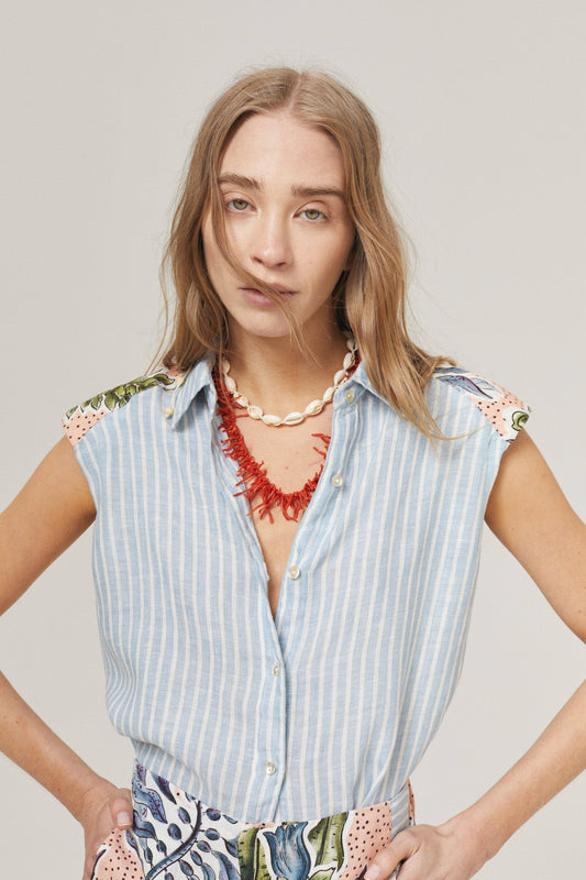 Menara Linen Shirt - Light Blue and White Stripes with Contrasting Details