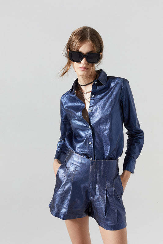 Frida Metallic Linen Shorts - Dark Blue