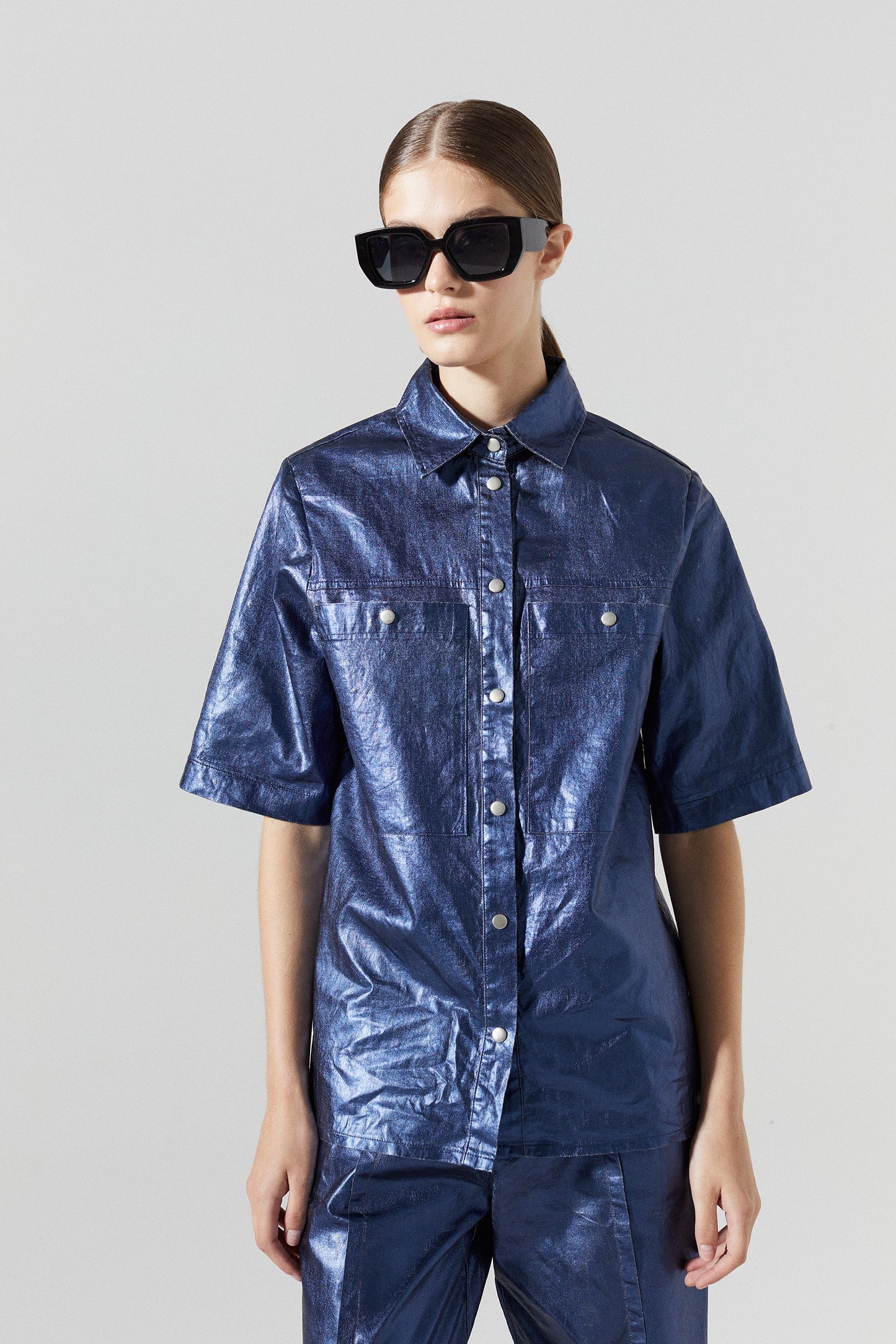 Soho Metallic Linen Shirt - Dark Blue