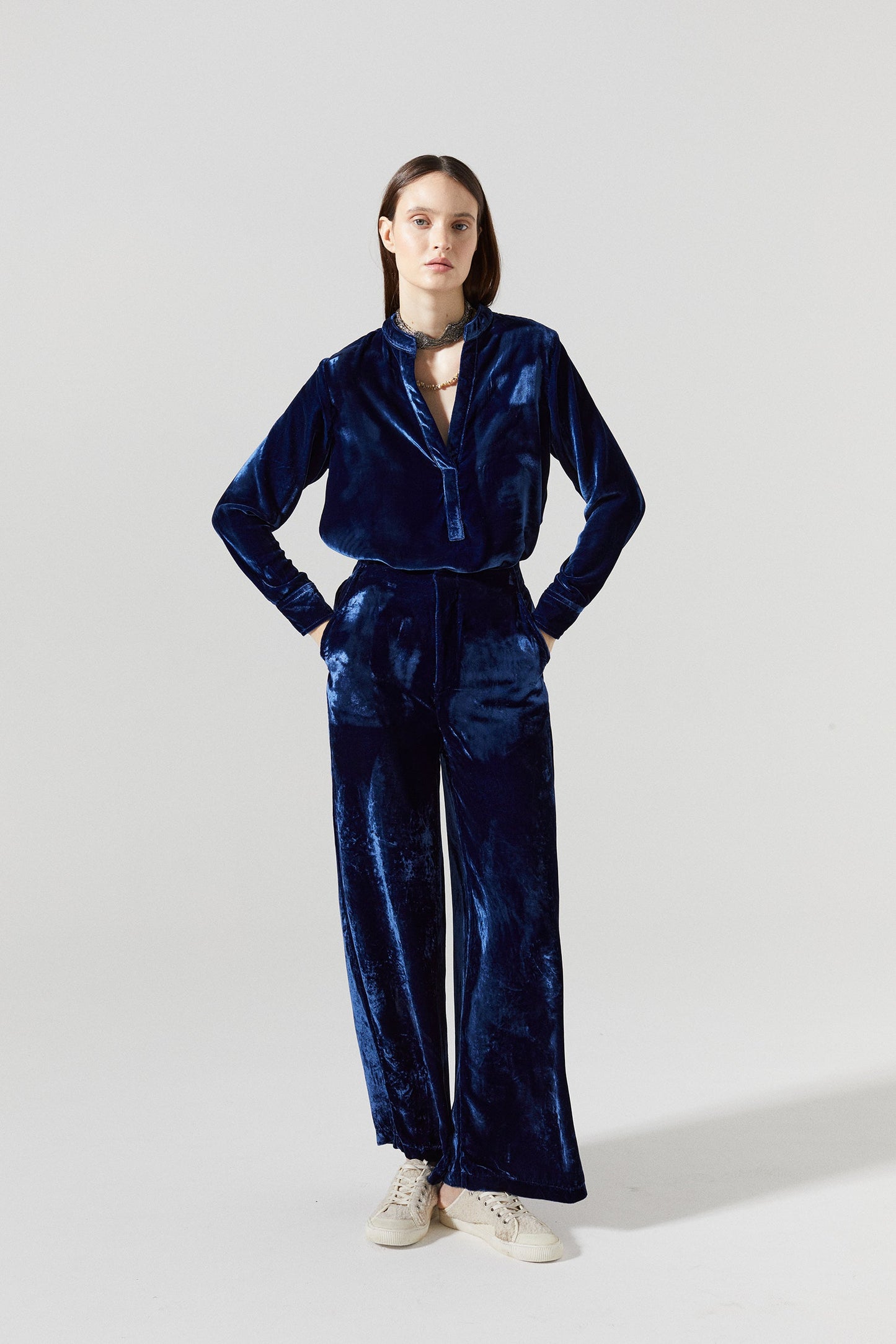 Nikka Silk Velvet Shirt - Navy Blue