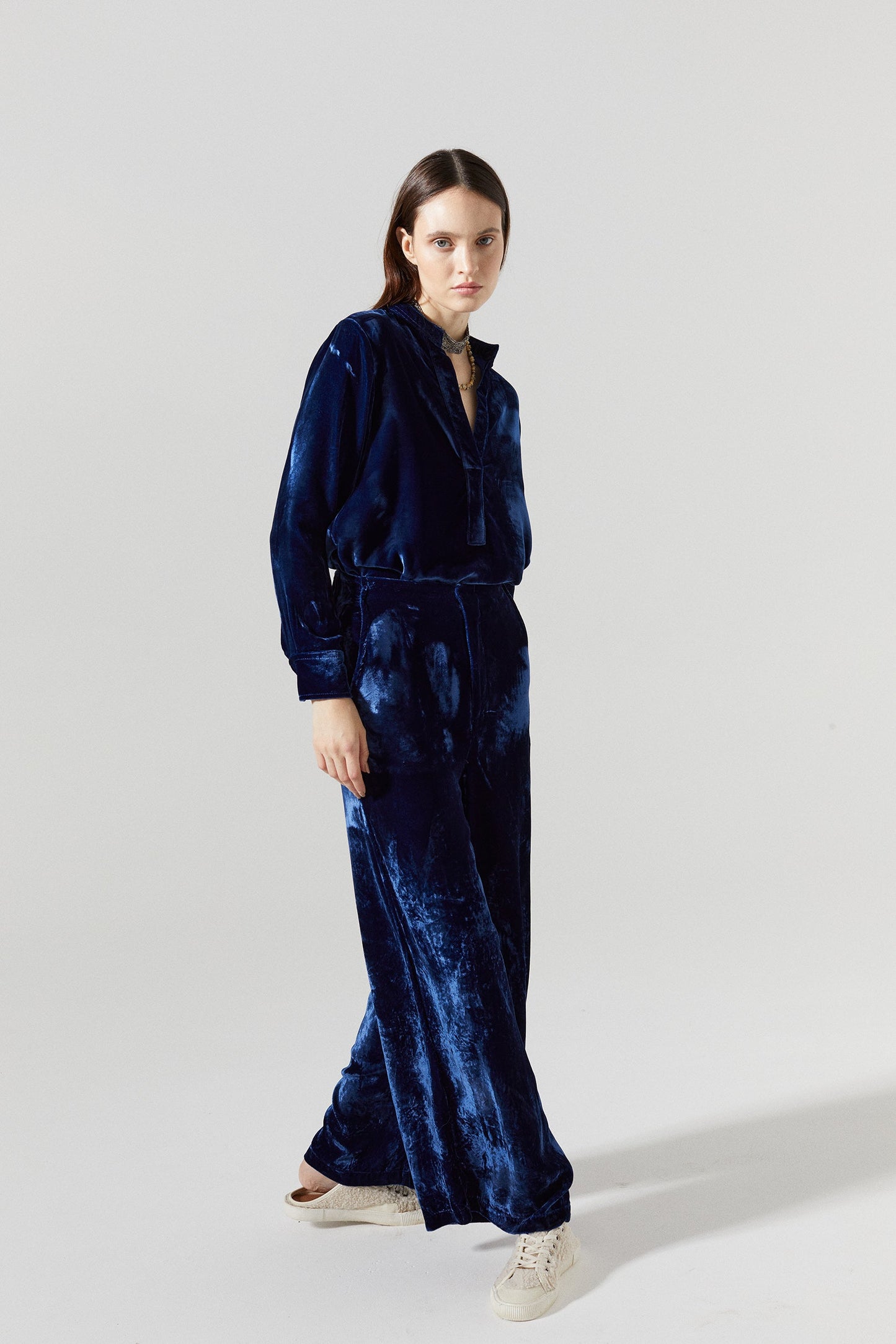 Nikka Silk Velvet Shirt - Navy Blue