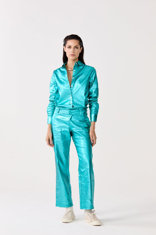 Astro Metallic Linen Pants - Turquoise