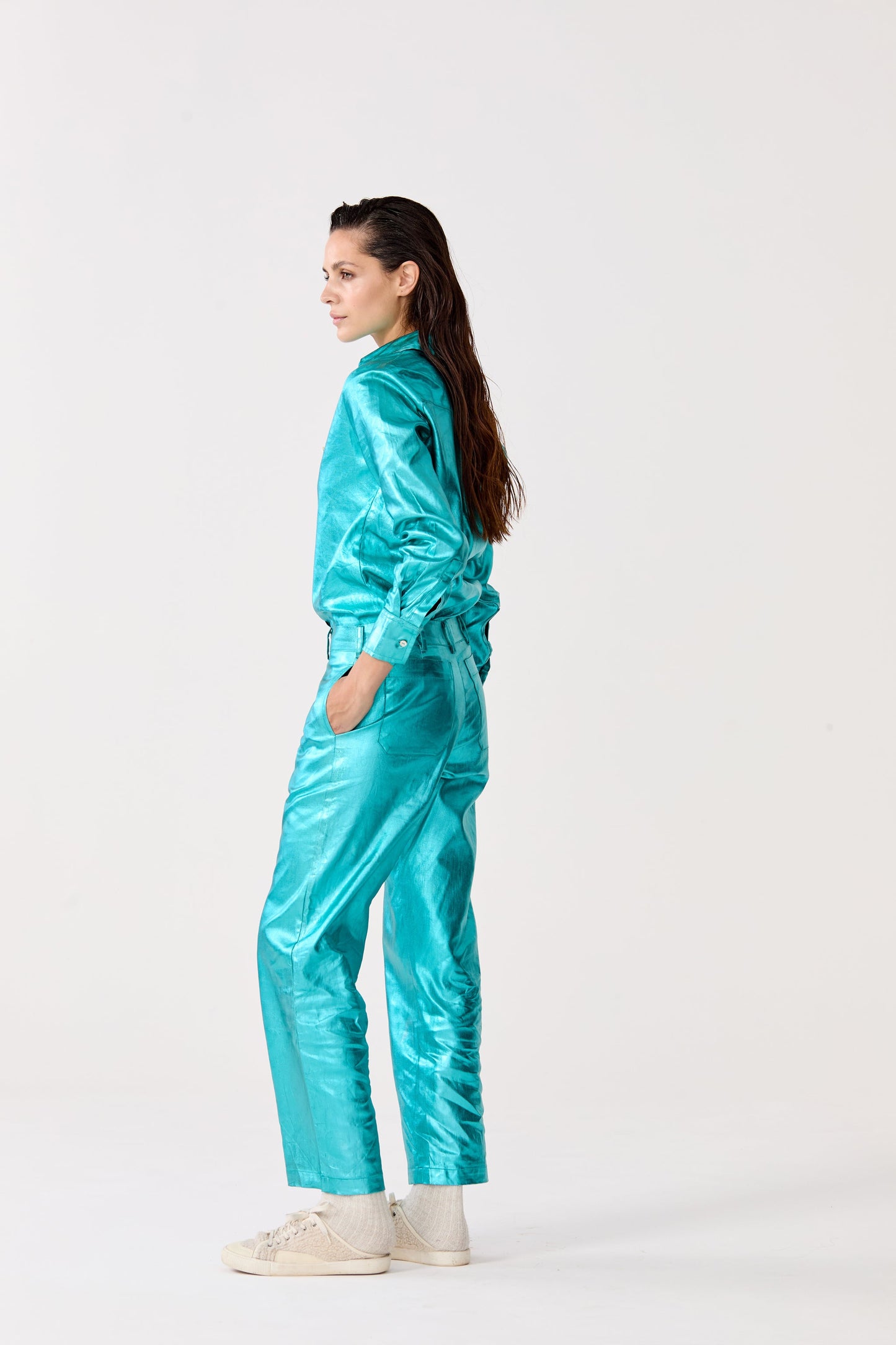 Astro Metallic Linen Pants - Turquoise
