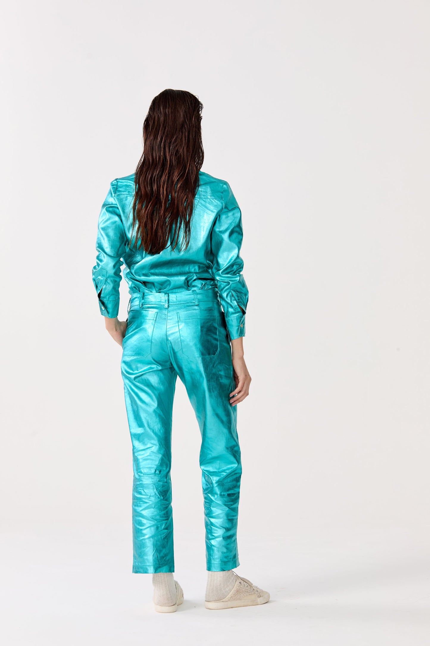 Astro Metallic Linen Pants - Turquoise