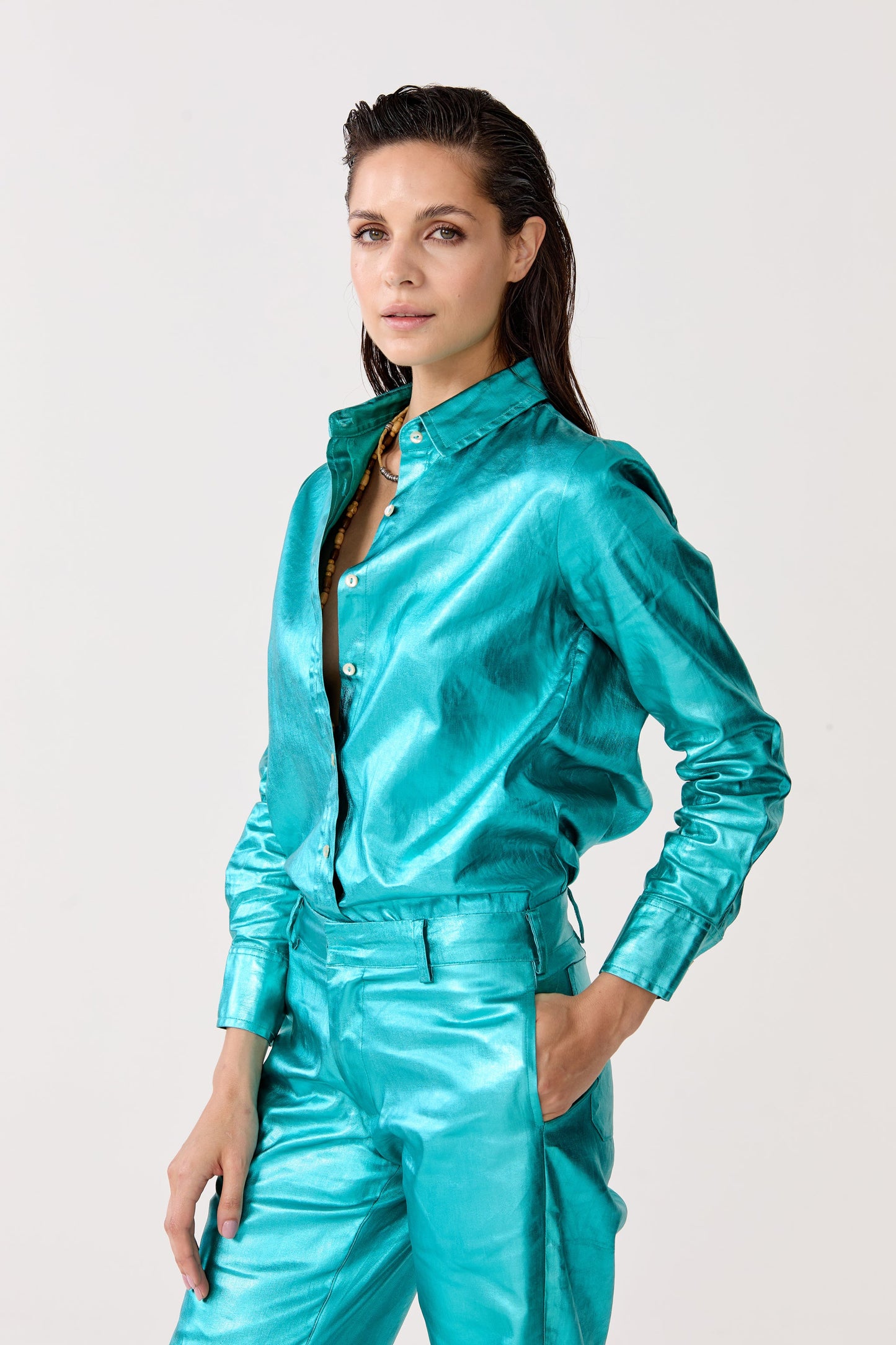 Astro Metallic Linen Pants - Turquoise