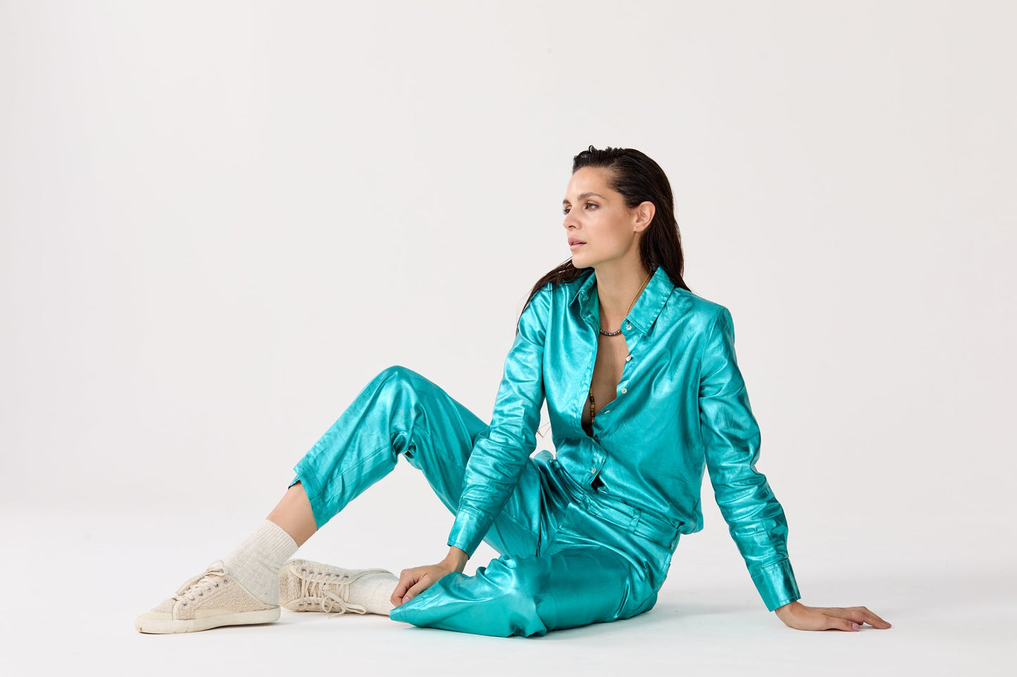 Astro Metallic Linen Pants - Turquoise