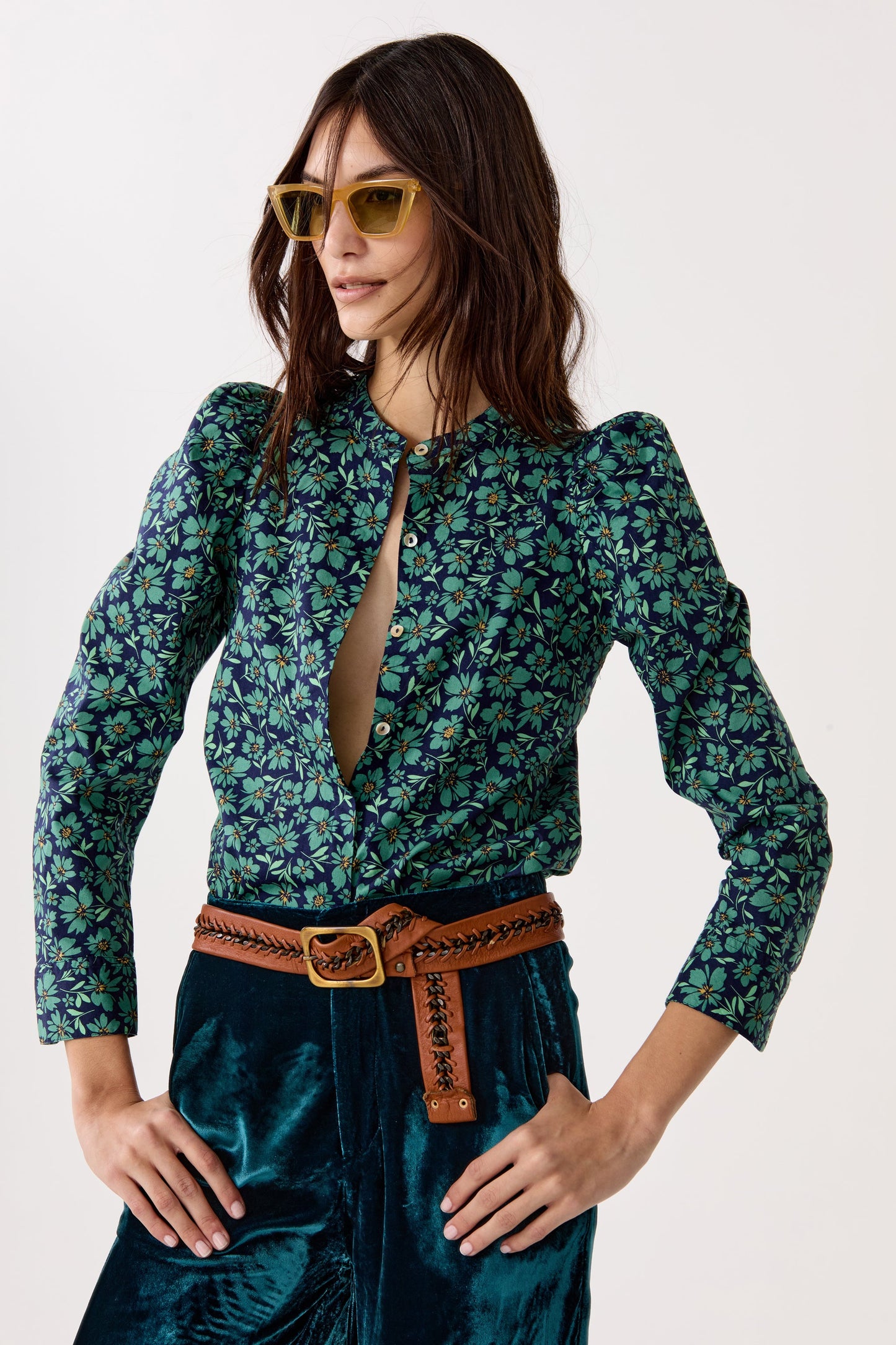 Lilium Poplin Shirt - Green and Blue Ditsy Floral