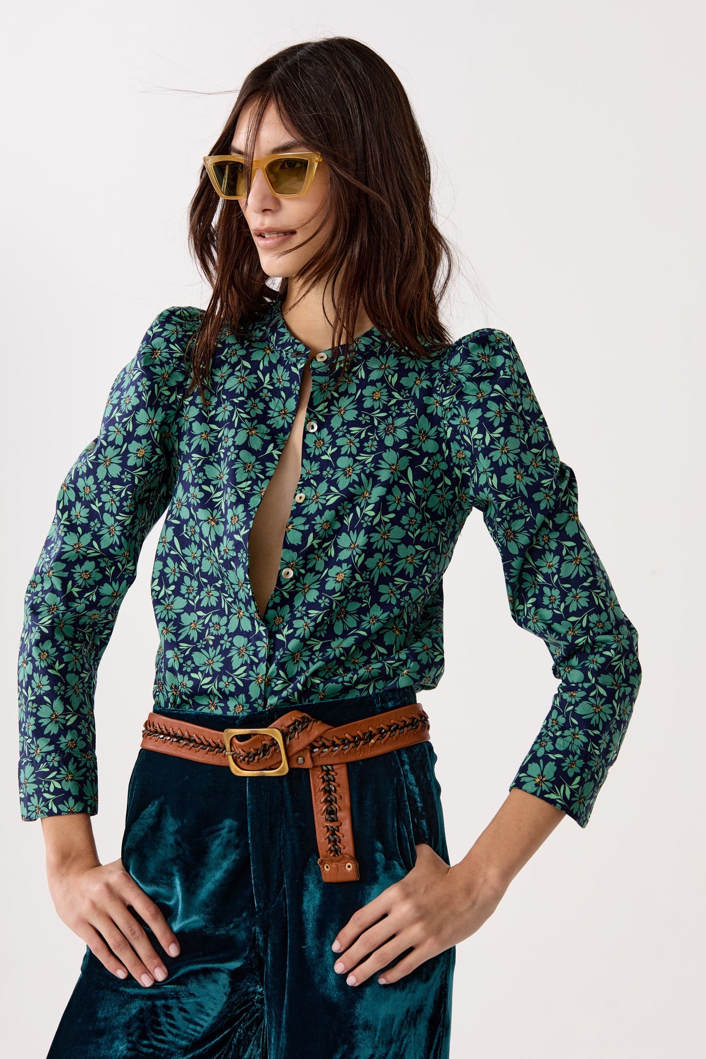 Lilium Poplin Shirt - Green and Blue Ditsy Floral