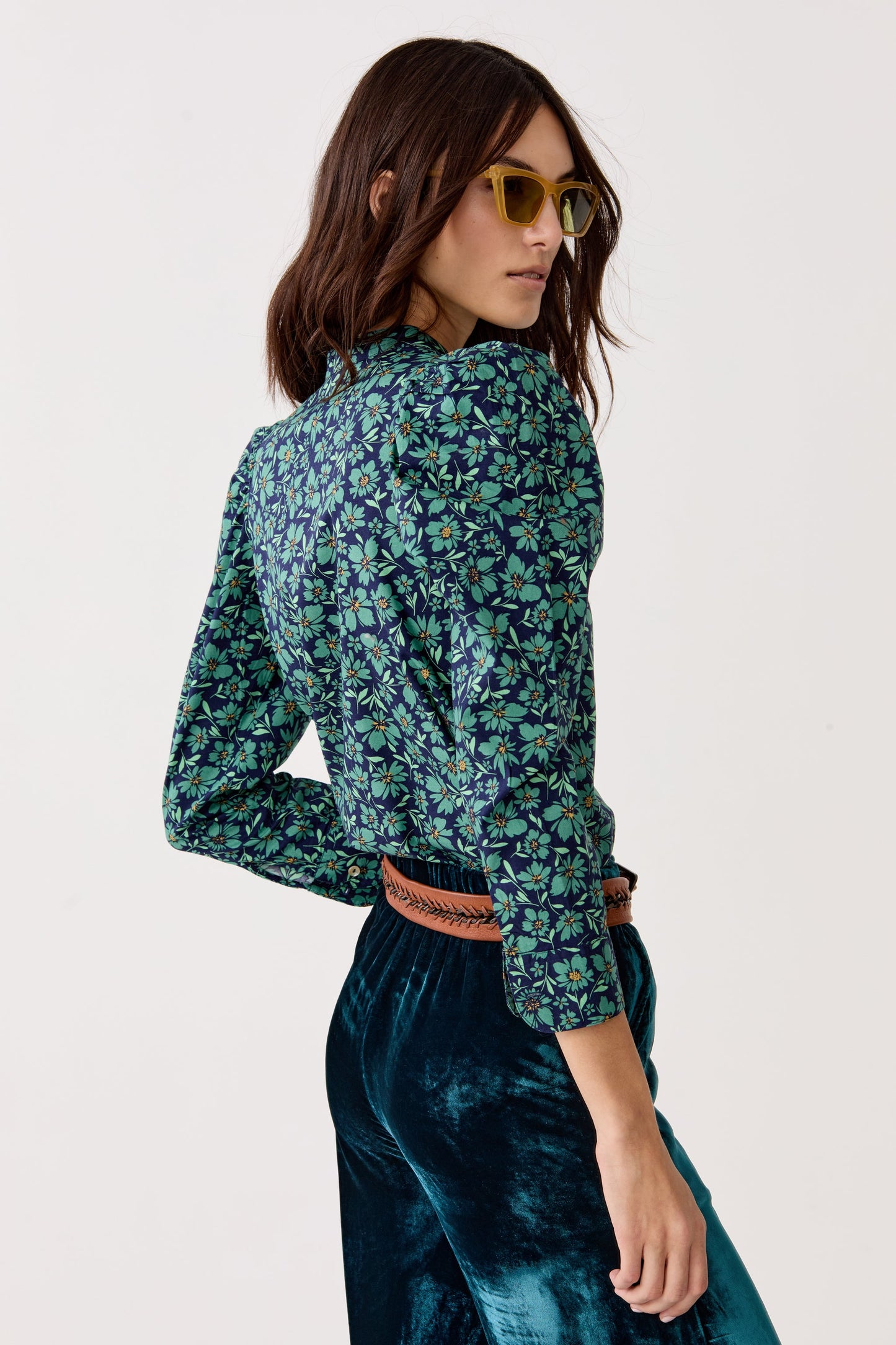 Lilium Poplin Shirt - Green and Blue Ditsy Floral