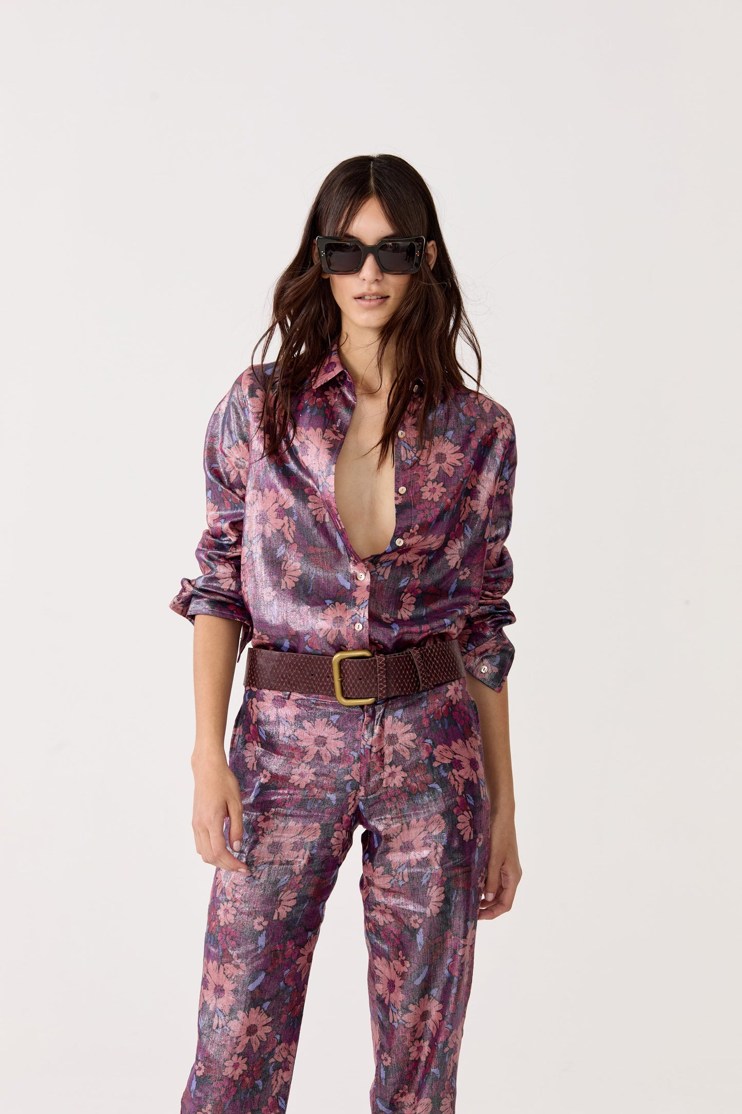 San Marino Metallic Linen Shirt - Gerbera Print
