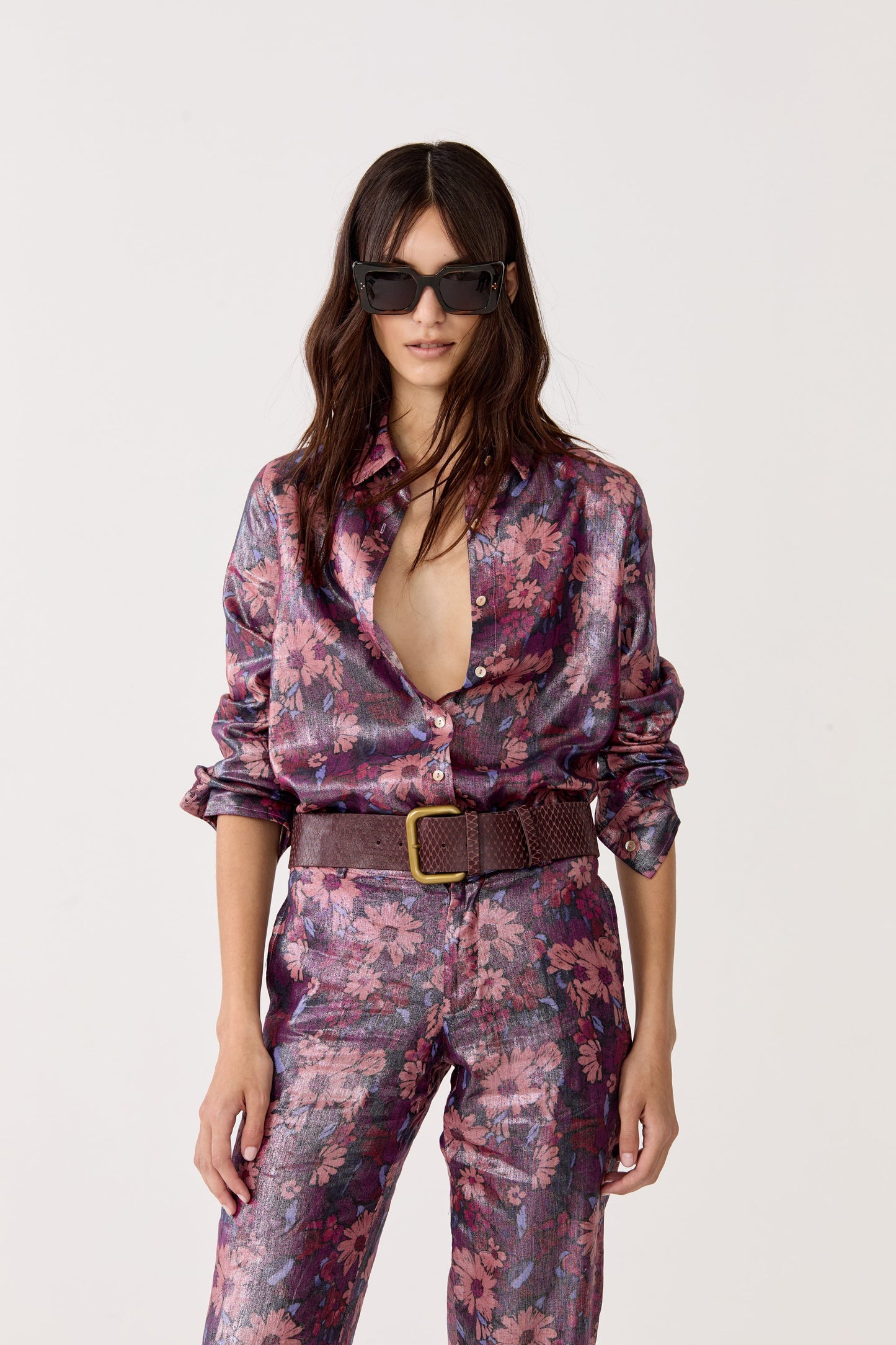 San Marino Metallic Linen Shirt - Gerbera Print