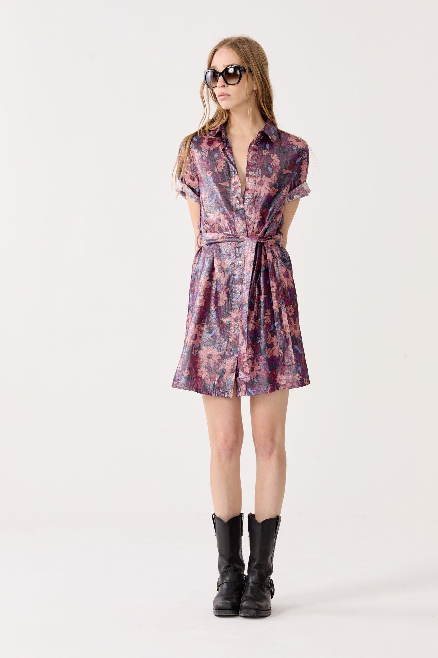 Franca Metallic Linen Dress - Gerbera Print