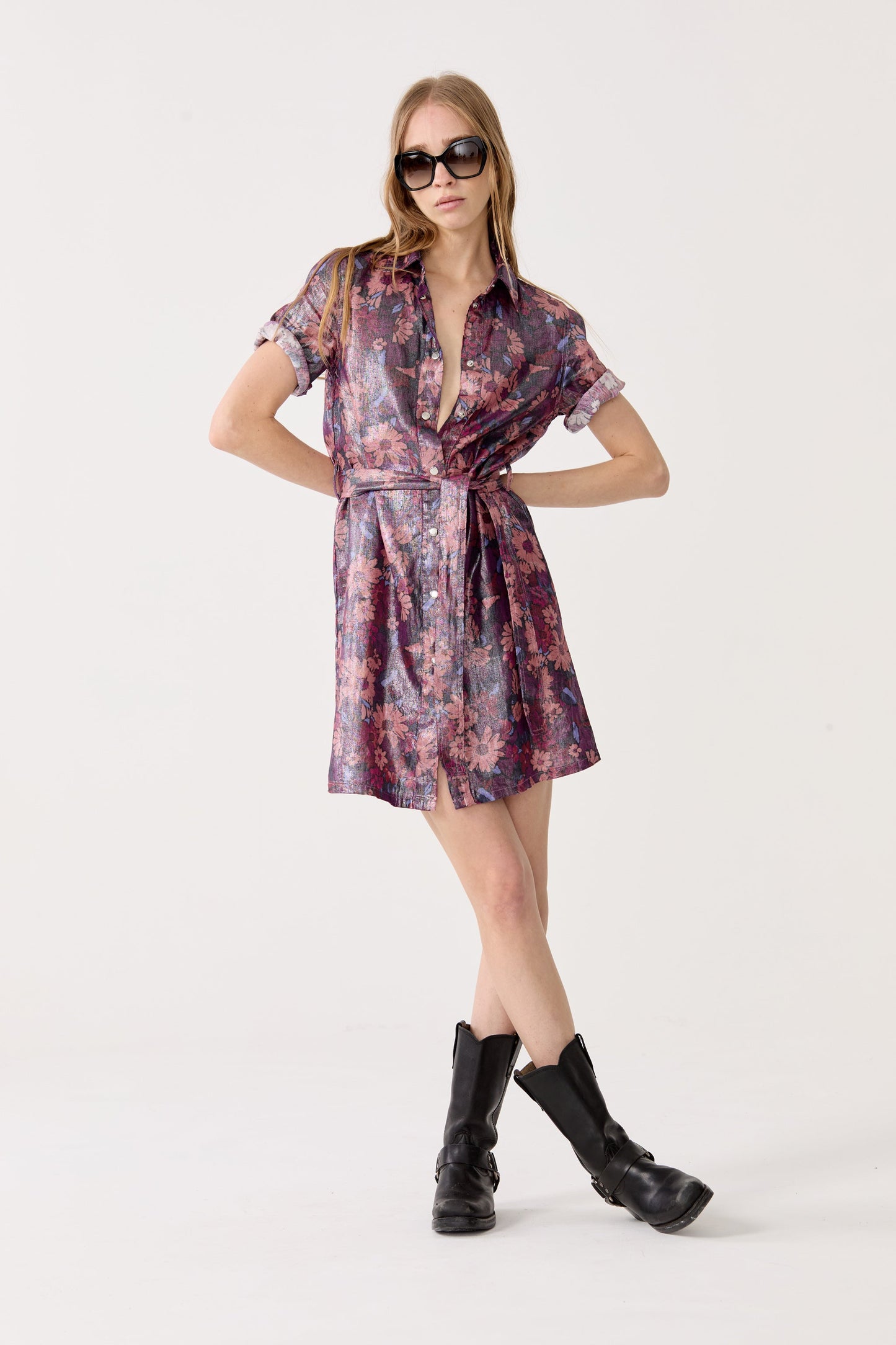 Franca Metallic Linen Dress - Gerbera Print