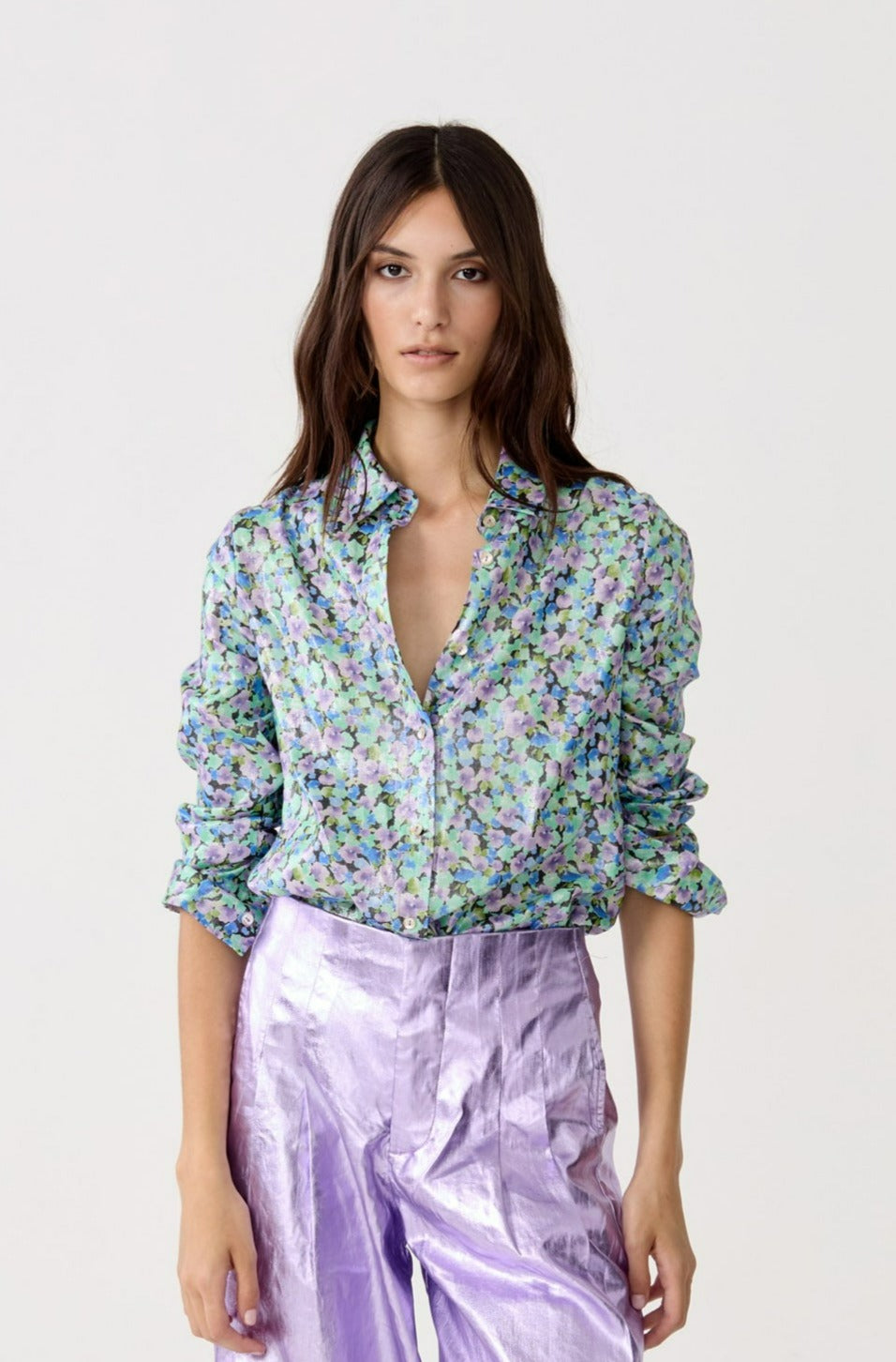 San Marino Metallic Linen Shirt - Meadow Print