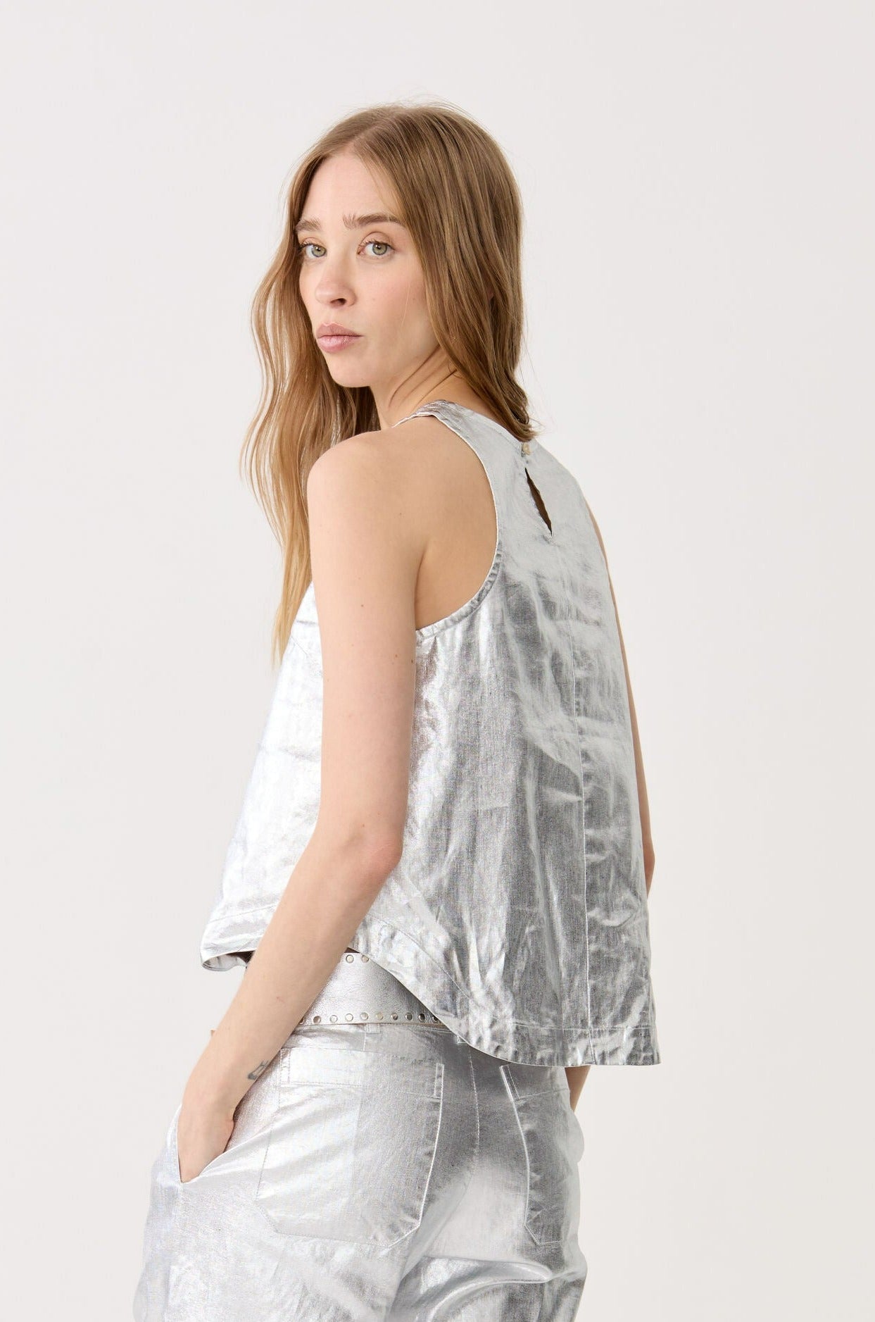 Loto Metallic Linen Top - Silver