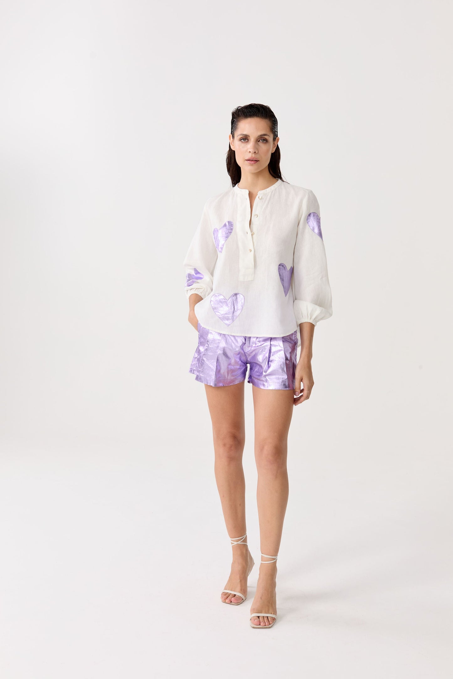 Frida Metallic Linen Shorts - Violet