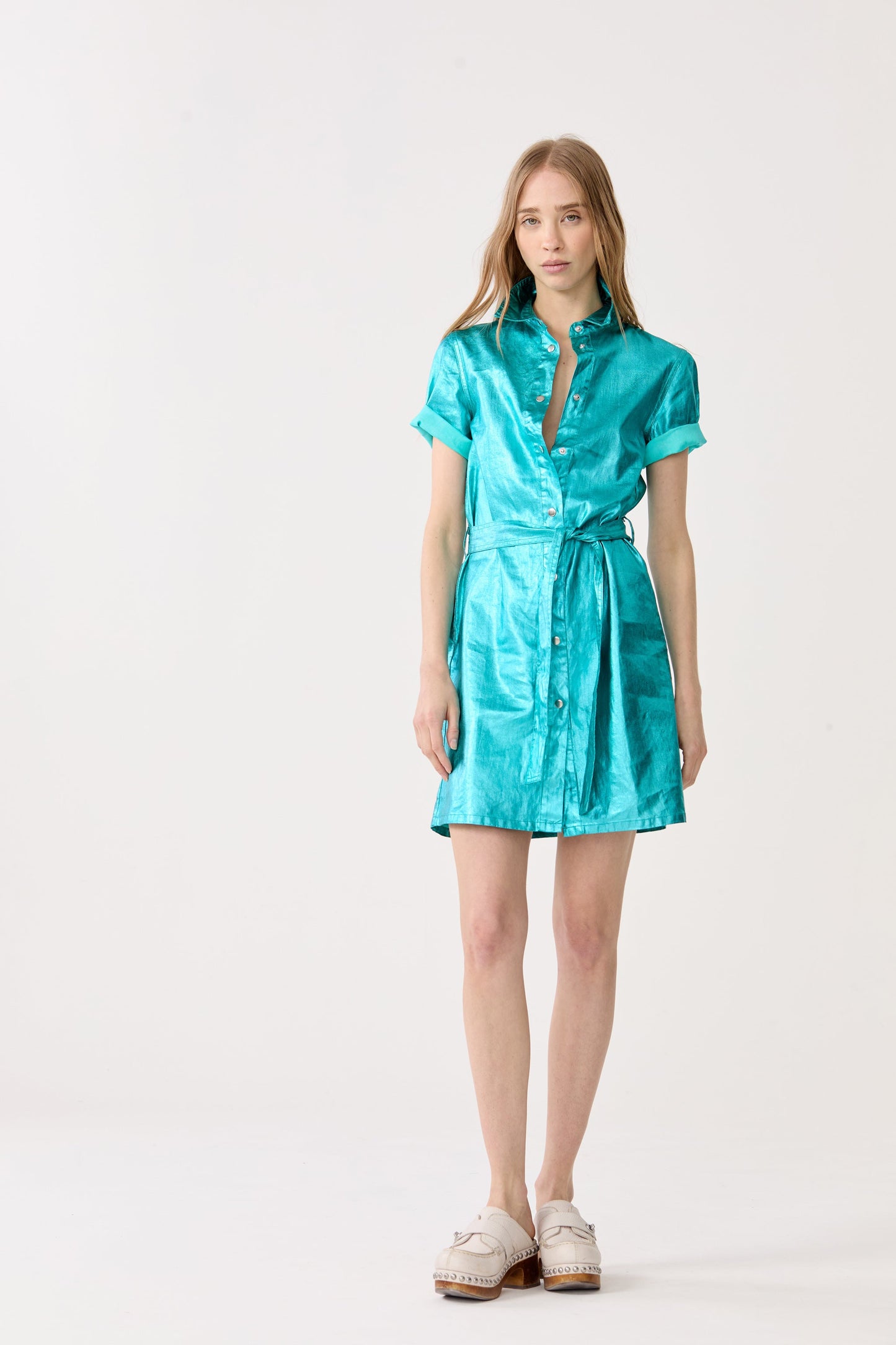 Franca Metallic Linen Dress - Turquoise