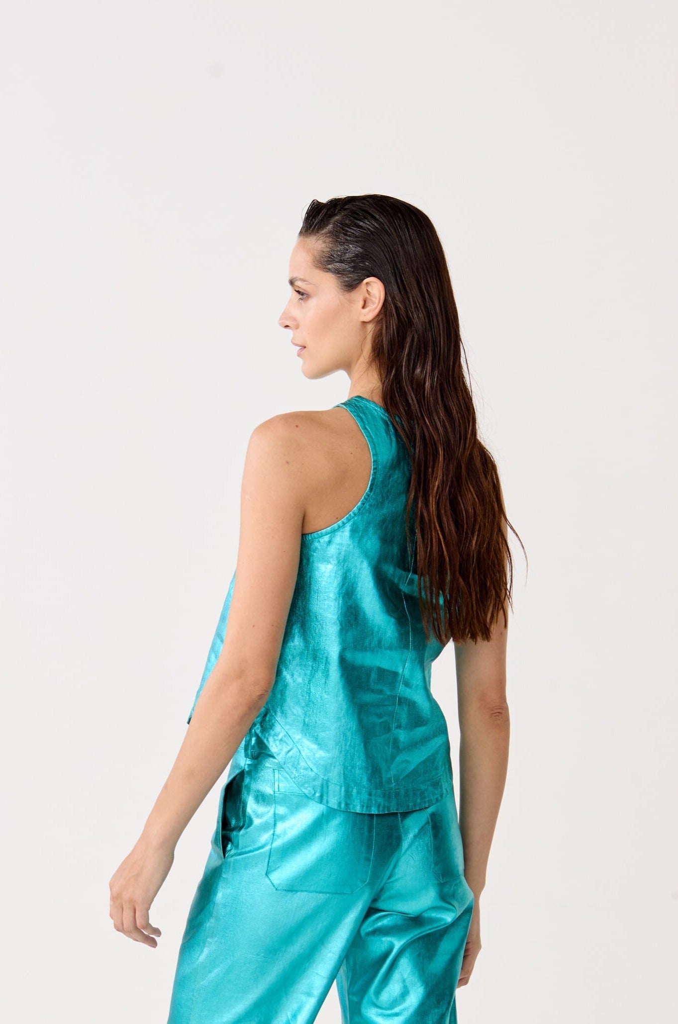 Loto Metallic Linen Top - Turquoise