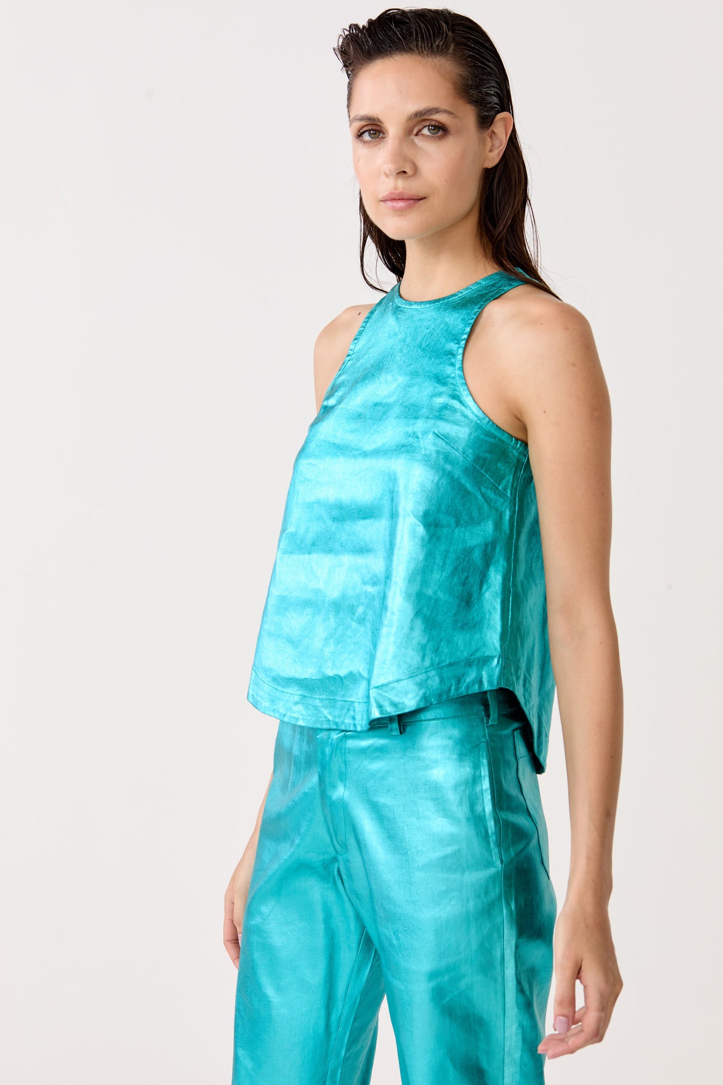 Loto Metallic Linen Top - Turquoise