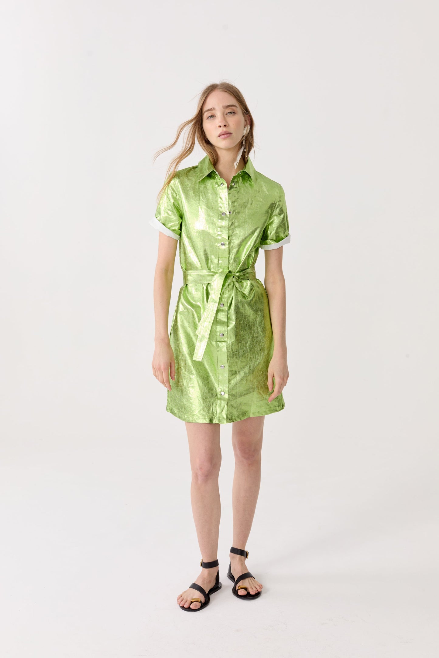 Franca Metallic Linen Dress - Lime