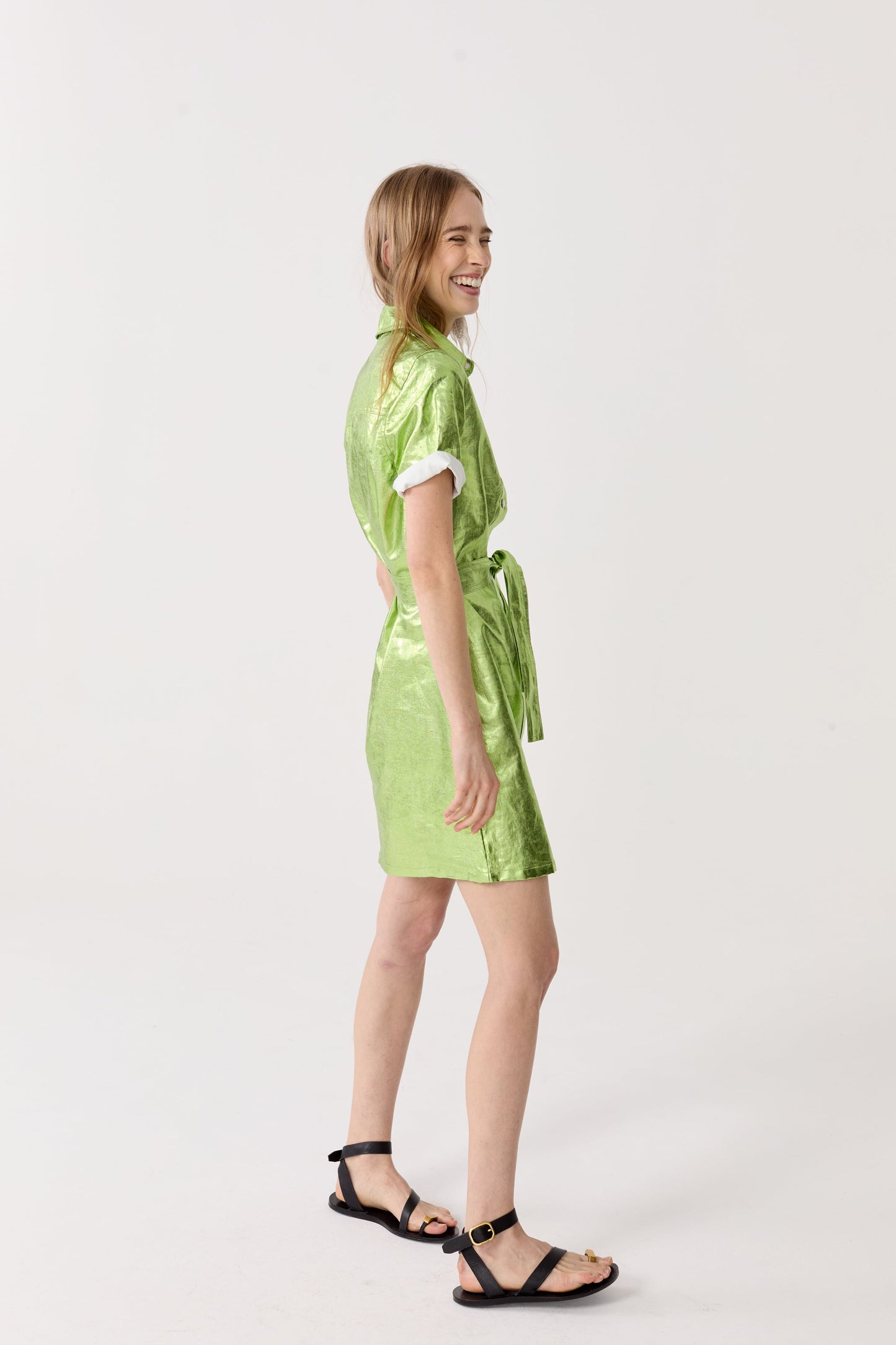 Franca Metallic Linen Dress - Lime