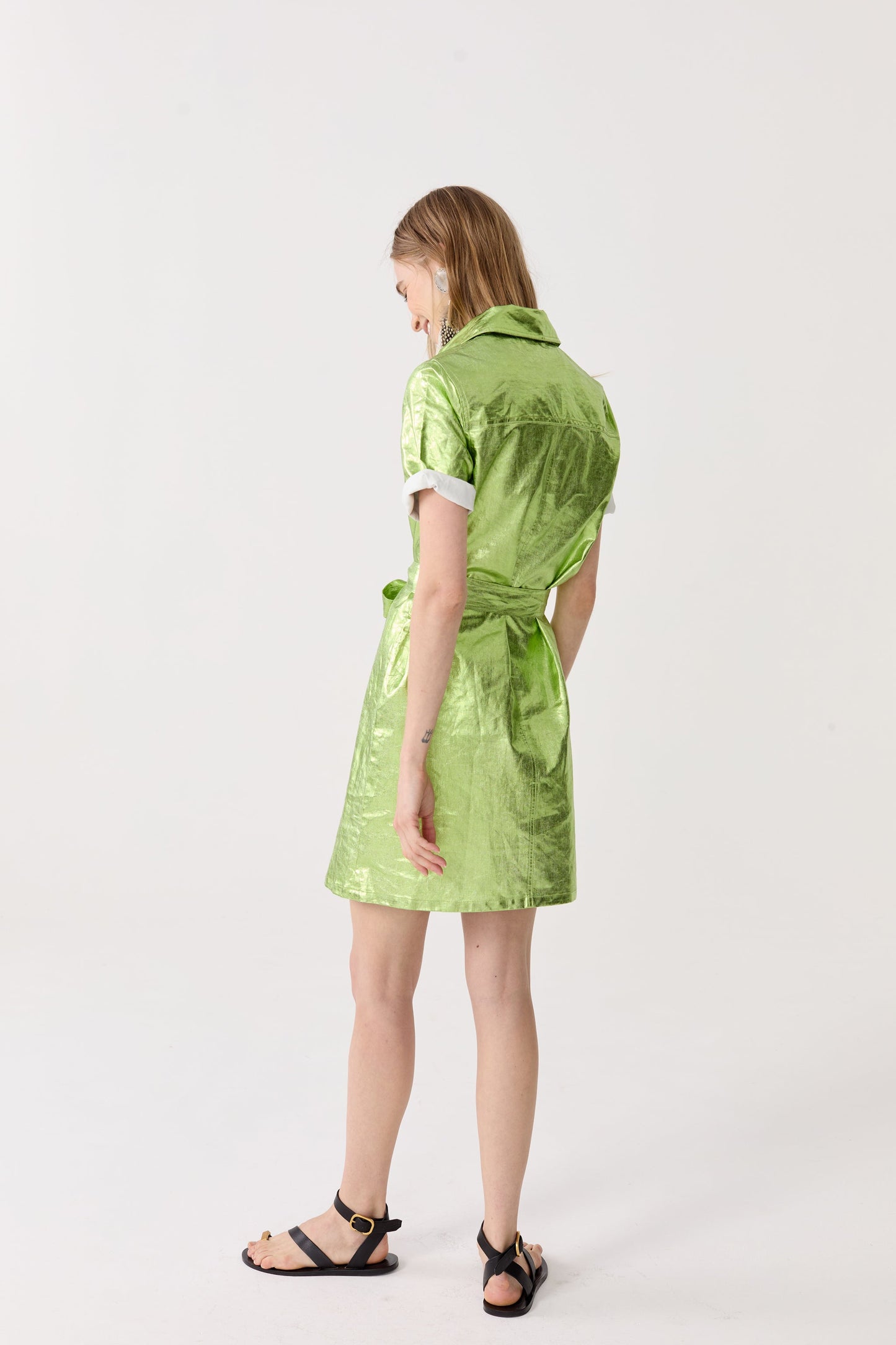 Franca Metallic Linen Dress - Lime